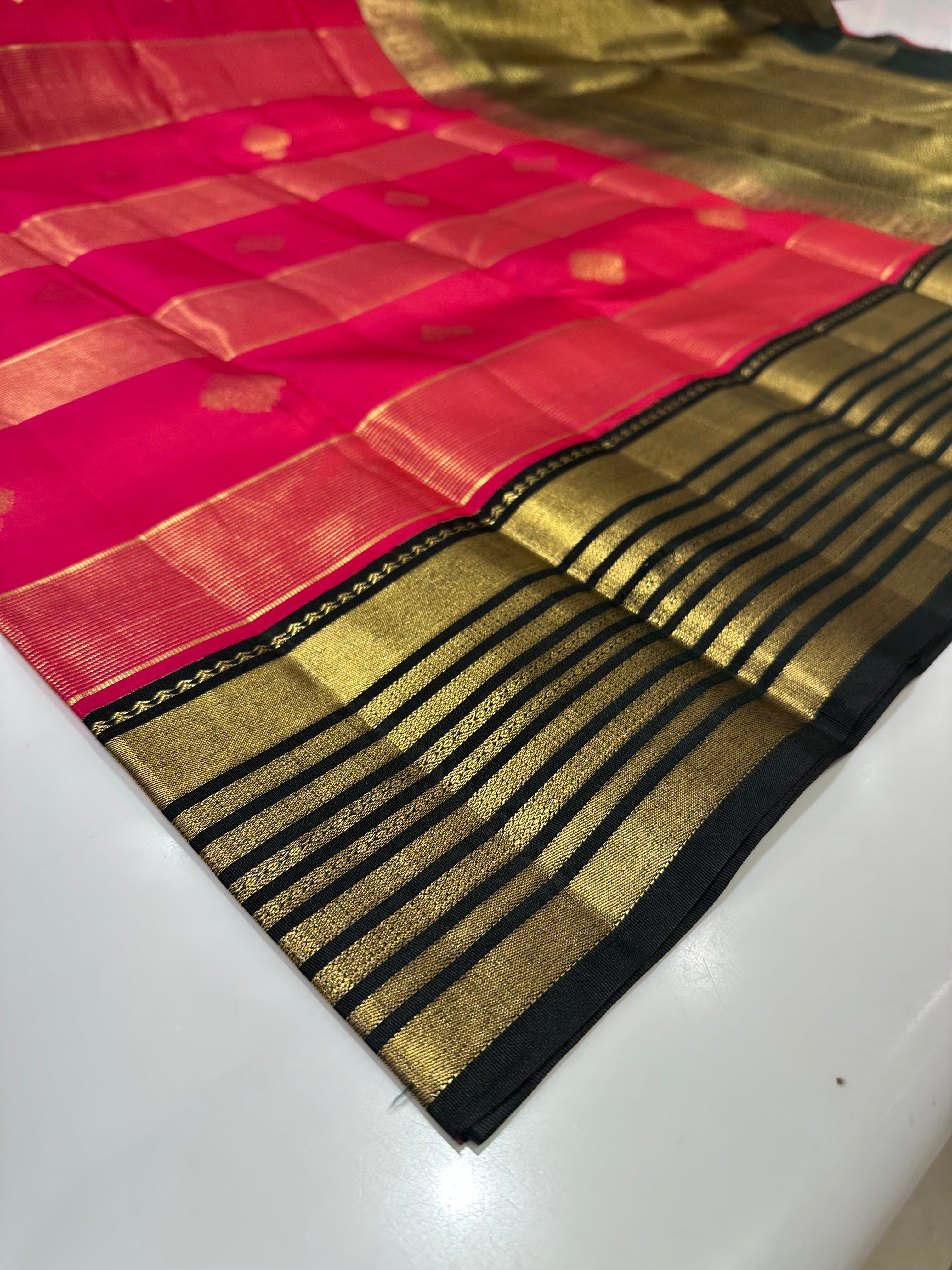 Pink Pure Kanjivaram Silk Saree with Black Gold Zari Border & Attached Blouse Piece