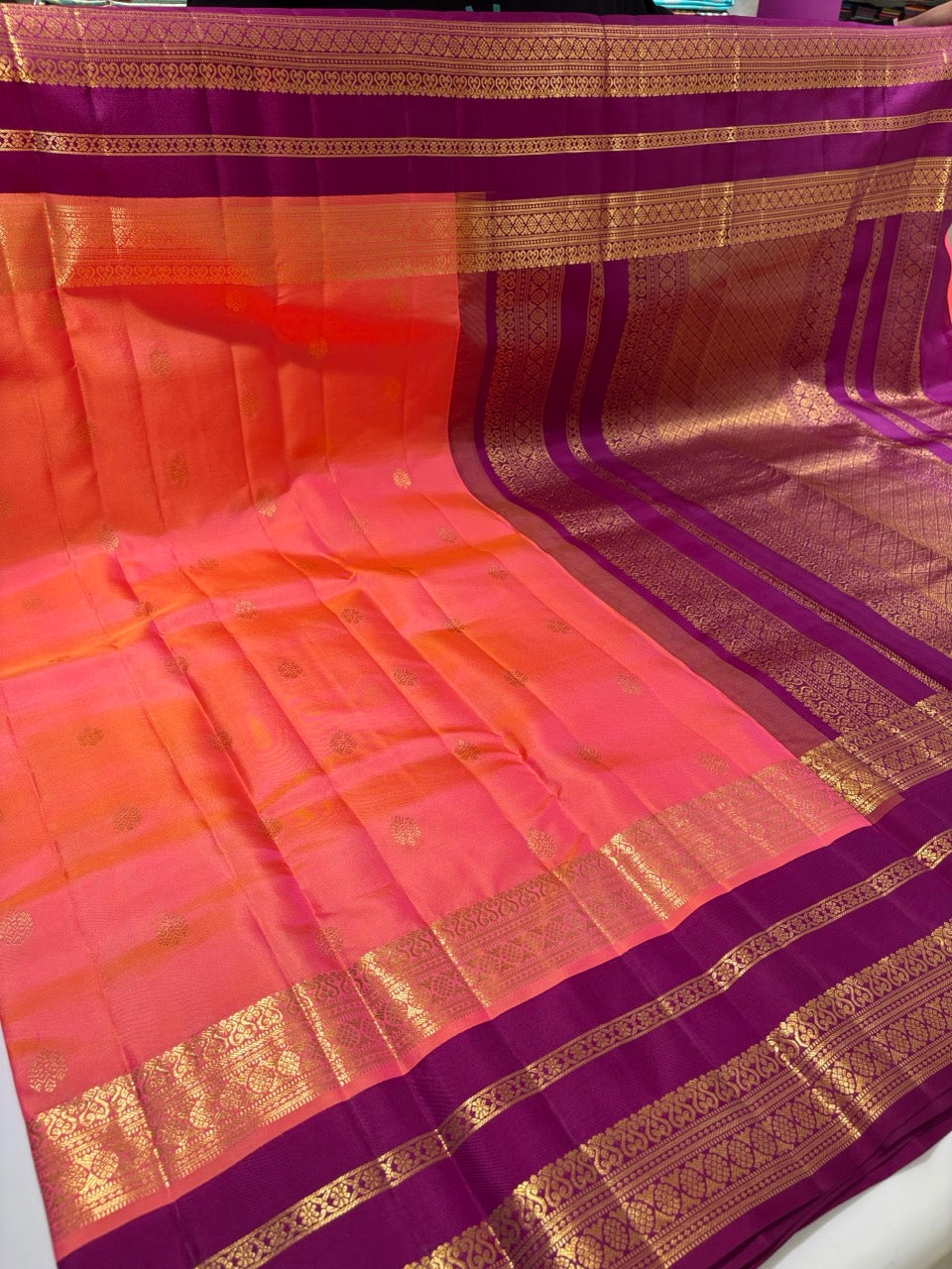 Coral Pink Colour Leela Verse Kanchipuram Silk Saree with Plum Purple Contrast NSSL07