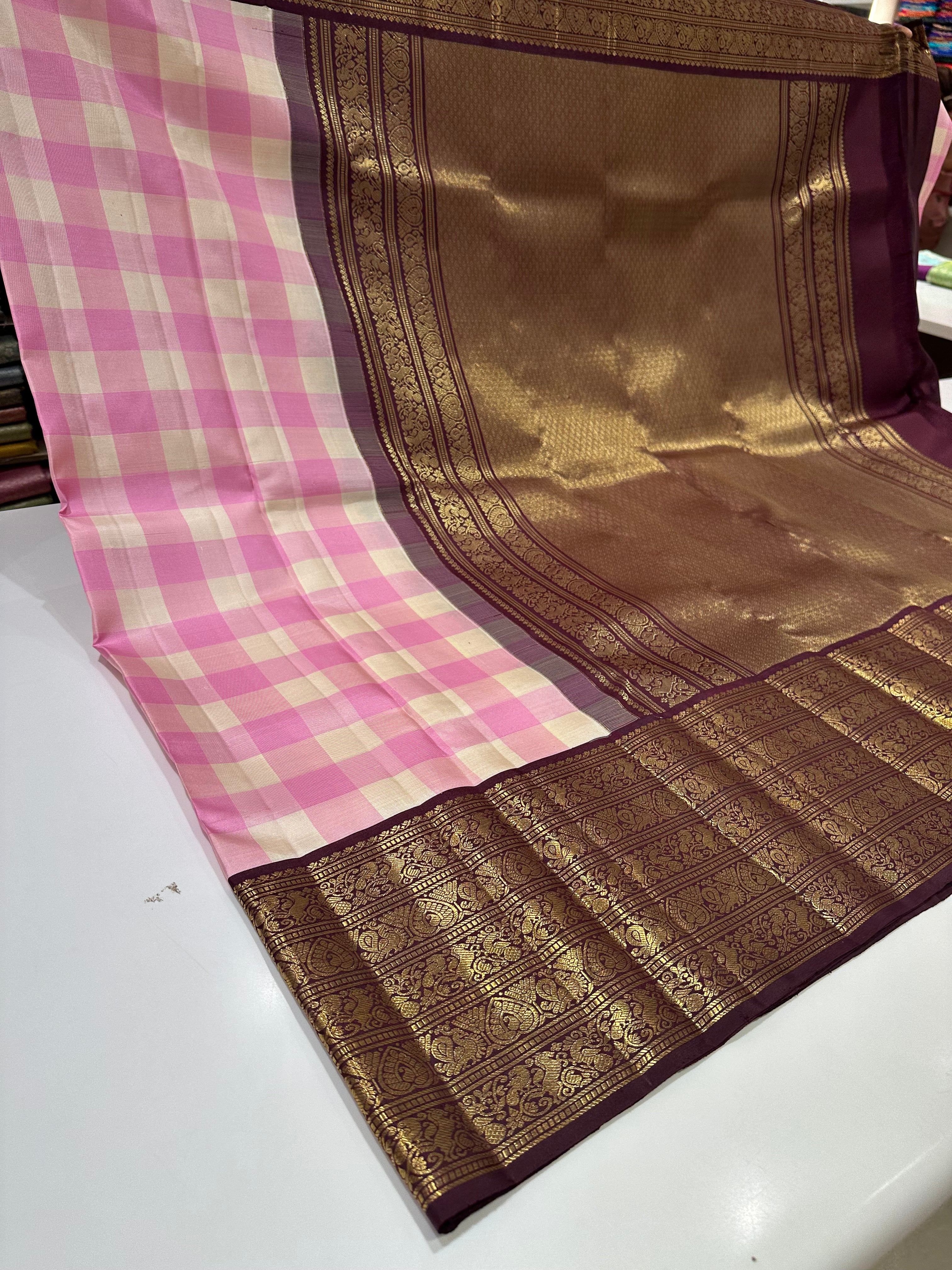Pure Kanjivaram Silk White & Pink Checks Saree with Brown Gold Zari Border
