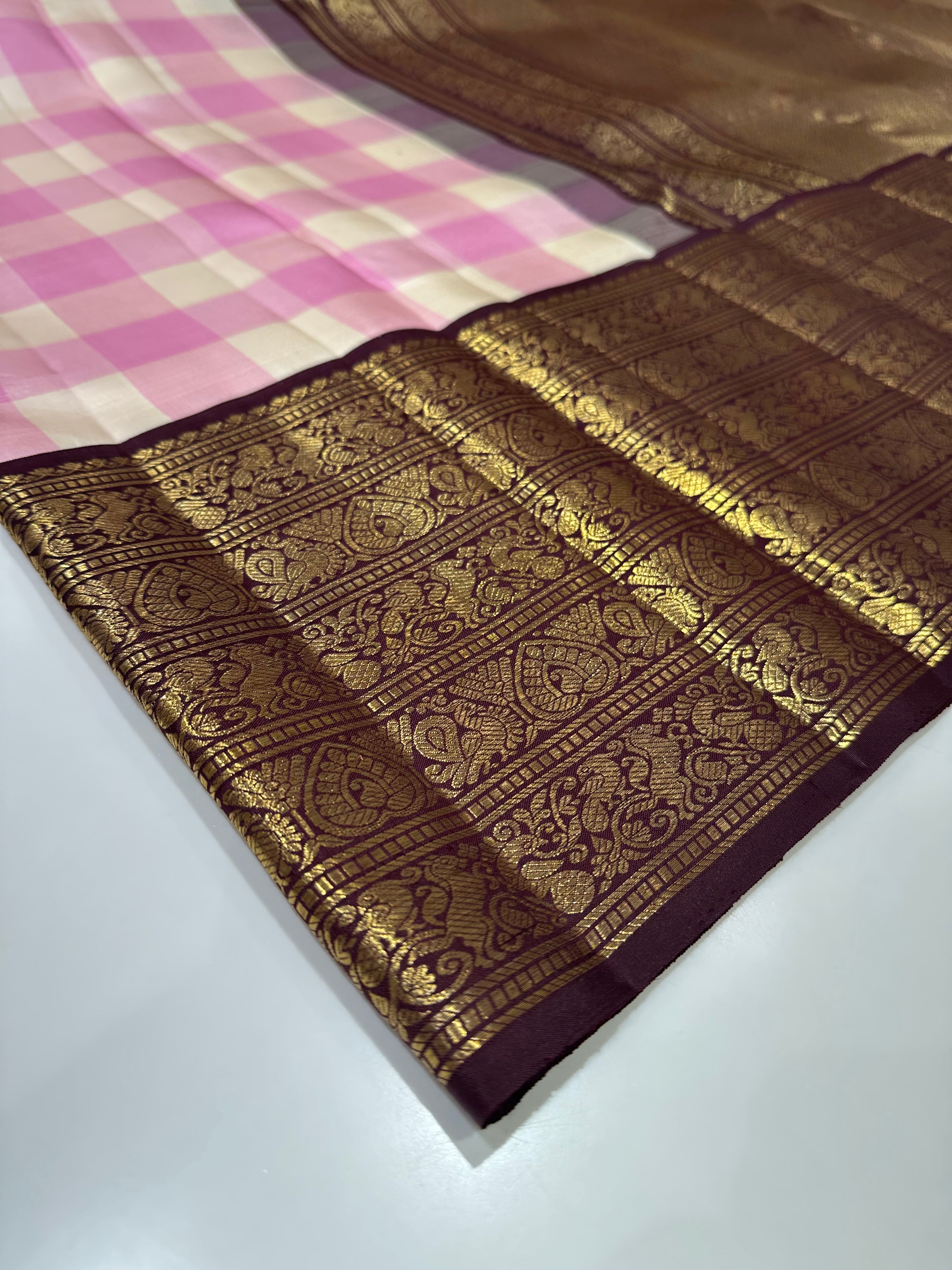 Pure Kanjivaram Silk White & Pink Checks Saree with Brown Gold Zari Border