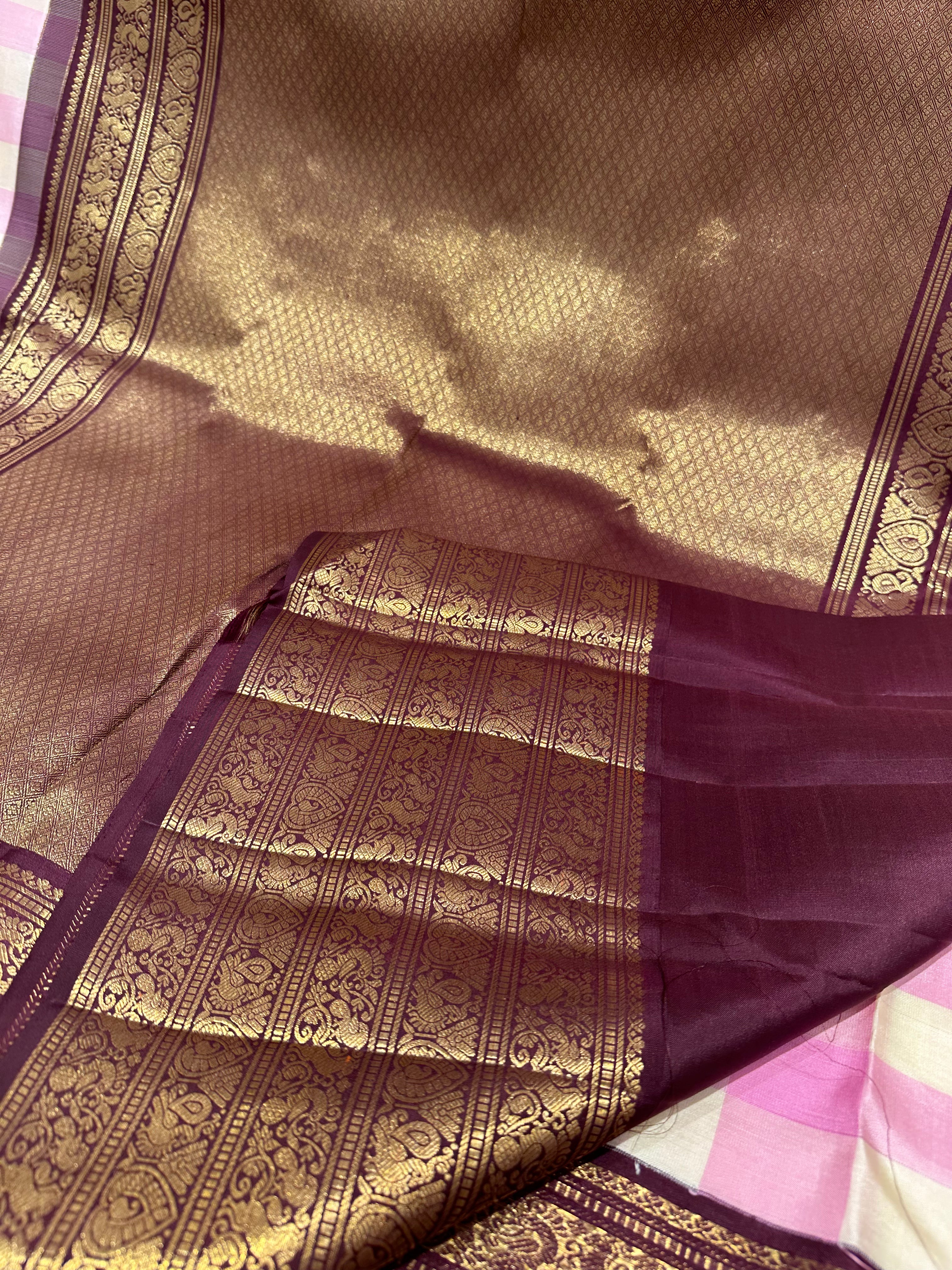 Pure Kanjivaram Silk White & Pink Checks Saree with Brown Gold Zari Border