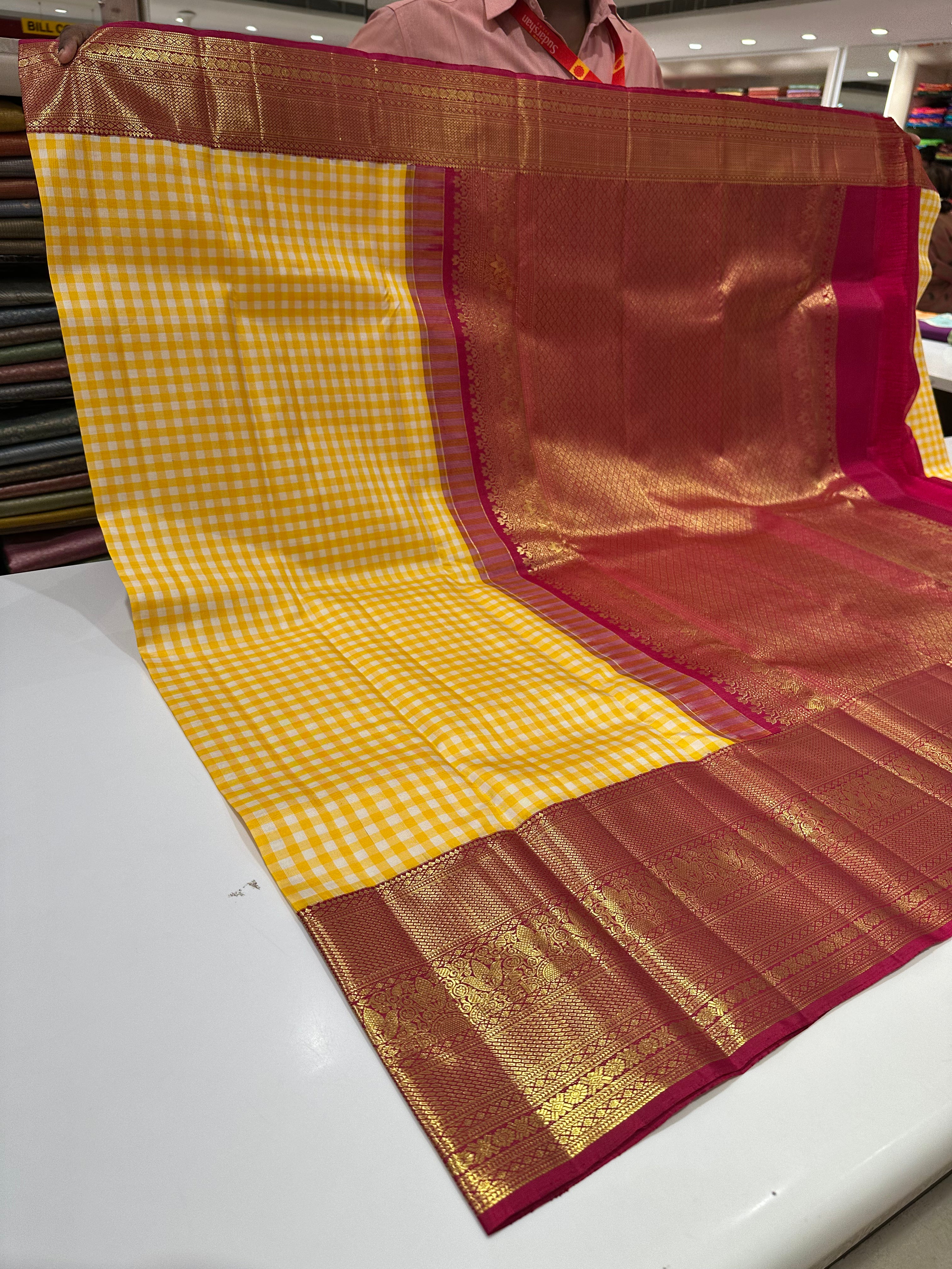Traditional White & Yellow Checks Pure Kanjivaram Silk Saree with Pink Zari Border