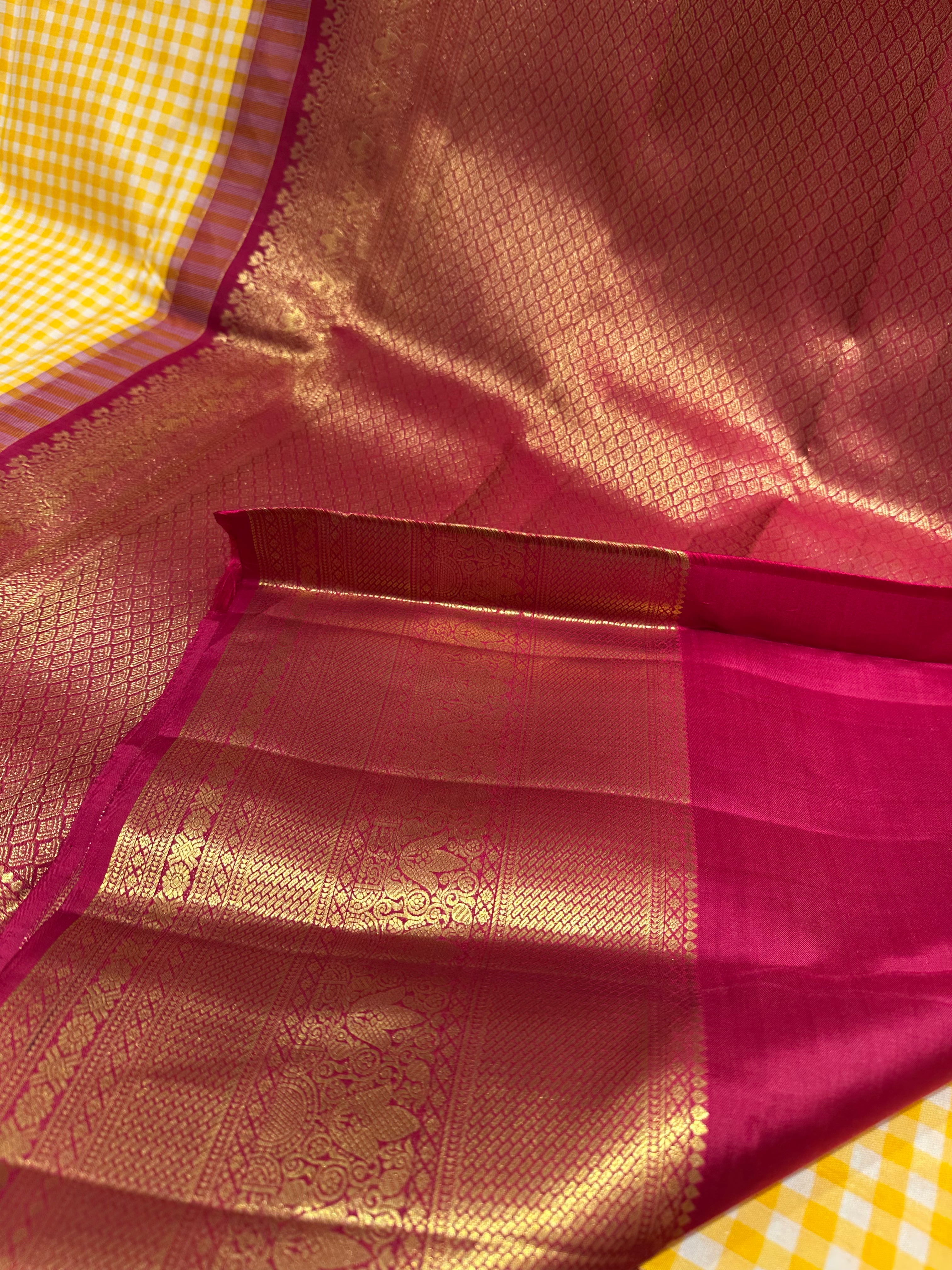 Traditional White & Yellow Checks Pure Kanjivaram Silk Saree with Pink Zari Border
