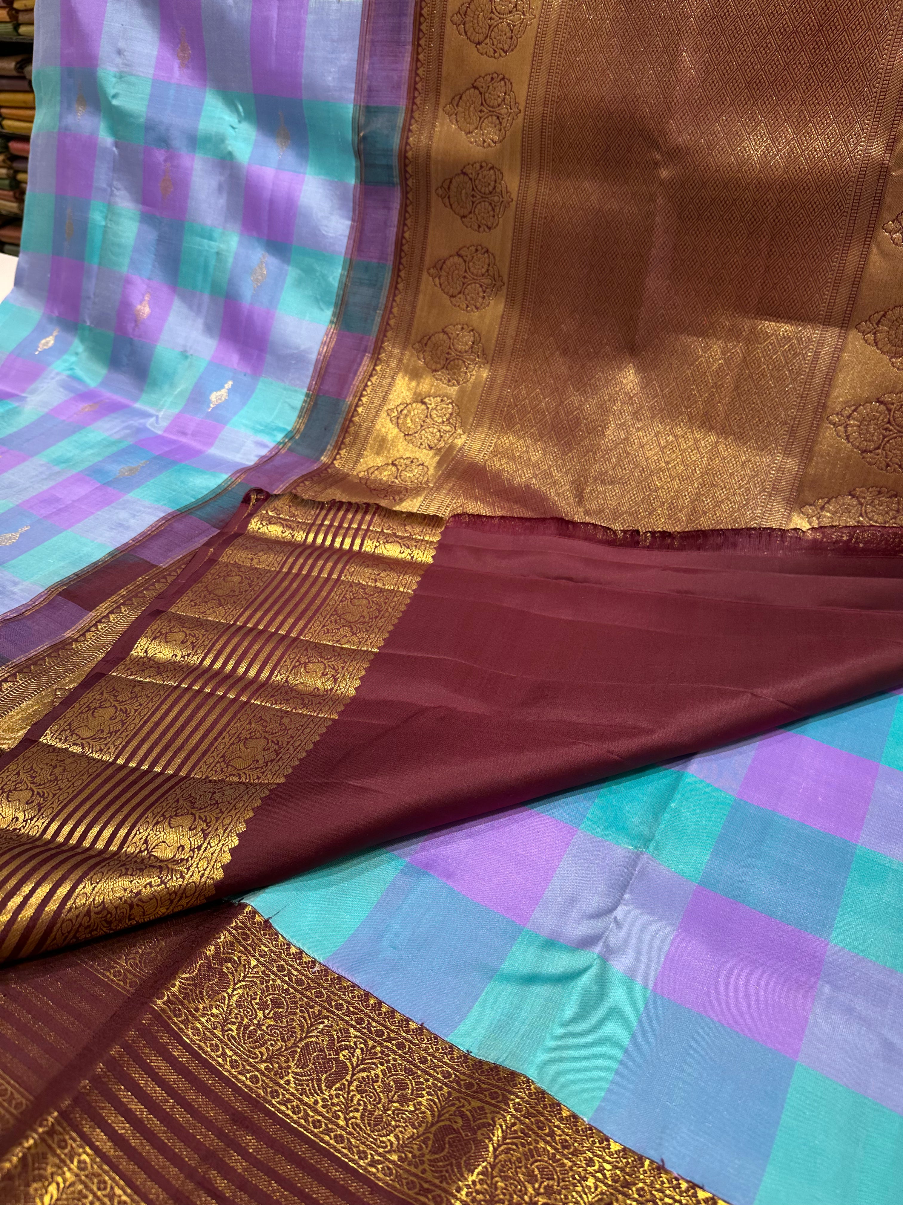 Pure Kanjivaram Multicolor Checks Saree with Brown Gold Zari Border & Buttas
