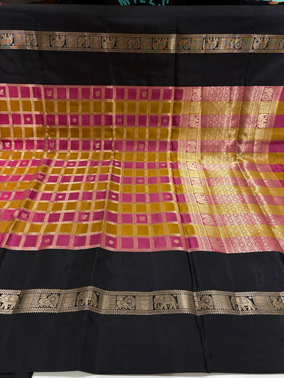 Mustard Yellow & Pink Colour Semi Silk Saree with Black Contrast