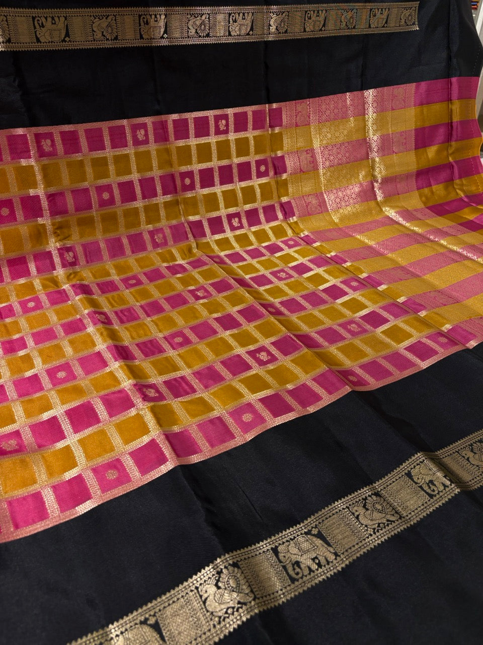 Mustard Yellow & Pink Colour Semi Silk Saree with Black Contrast