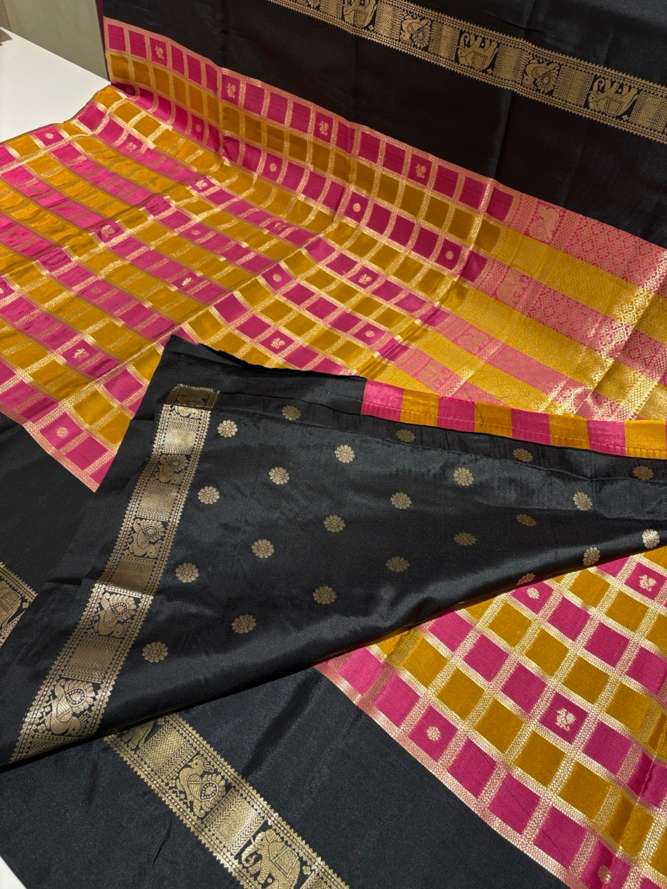 Mustard Yellow & Pink Colour Semi Silk Saree with Black Contrast