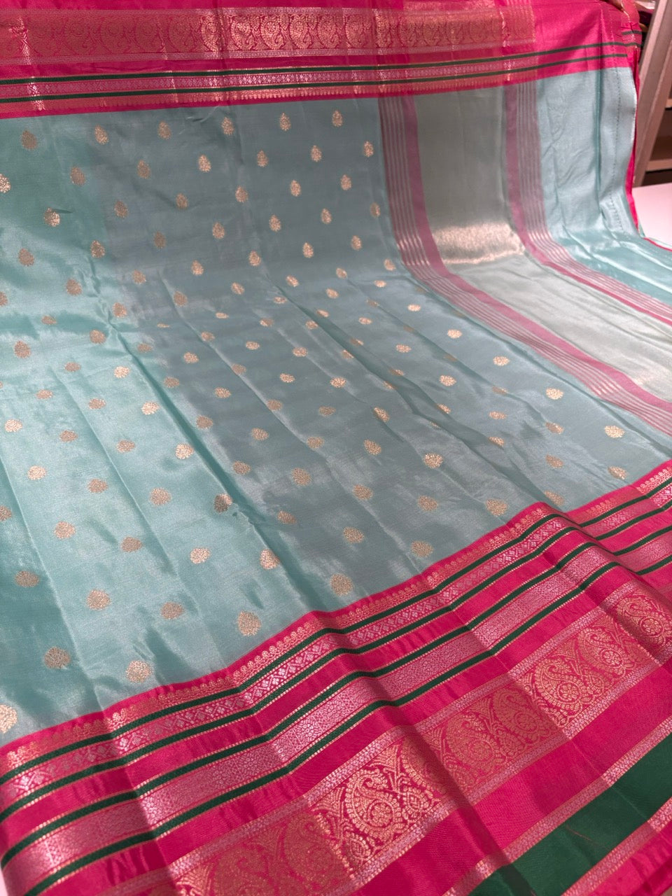 Aqua Blue Colour Semi Silk Saree with Magenta Pink Contrast