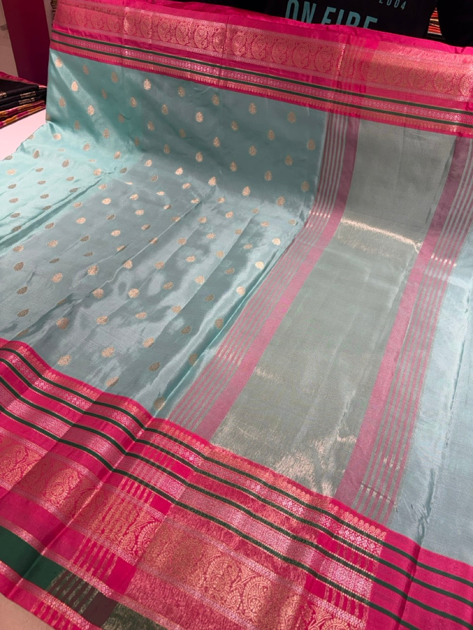 Aqua Blue Colour Semi Silk Saree with Magenta Pink Contrast