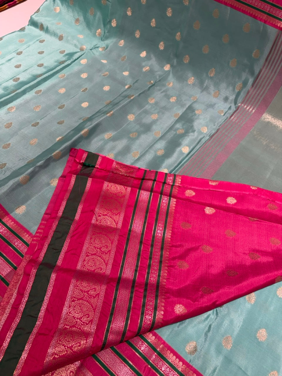 Aqua Blue Colour Semi Silk Saree with Magenta Pink Contrast