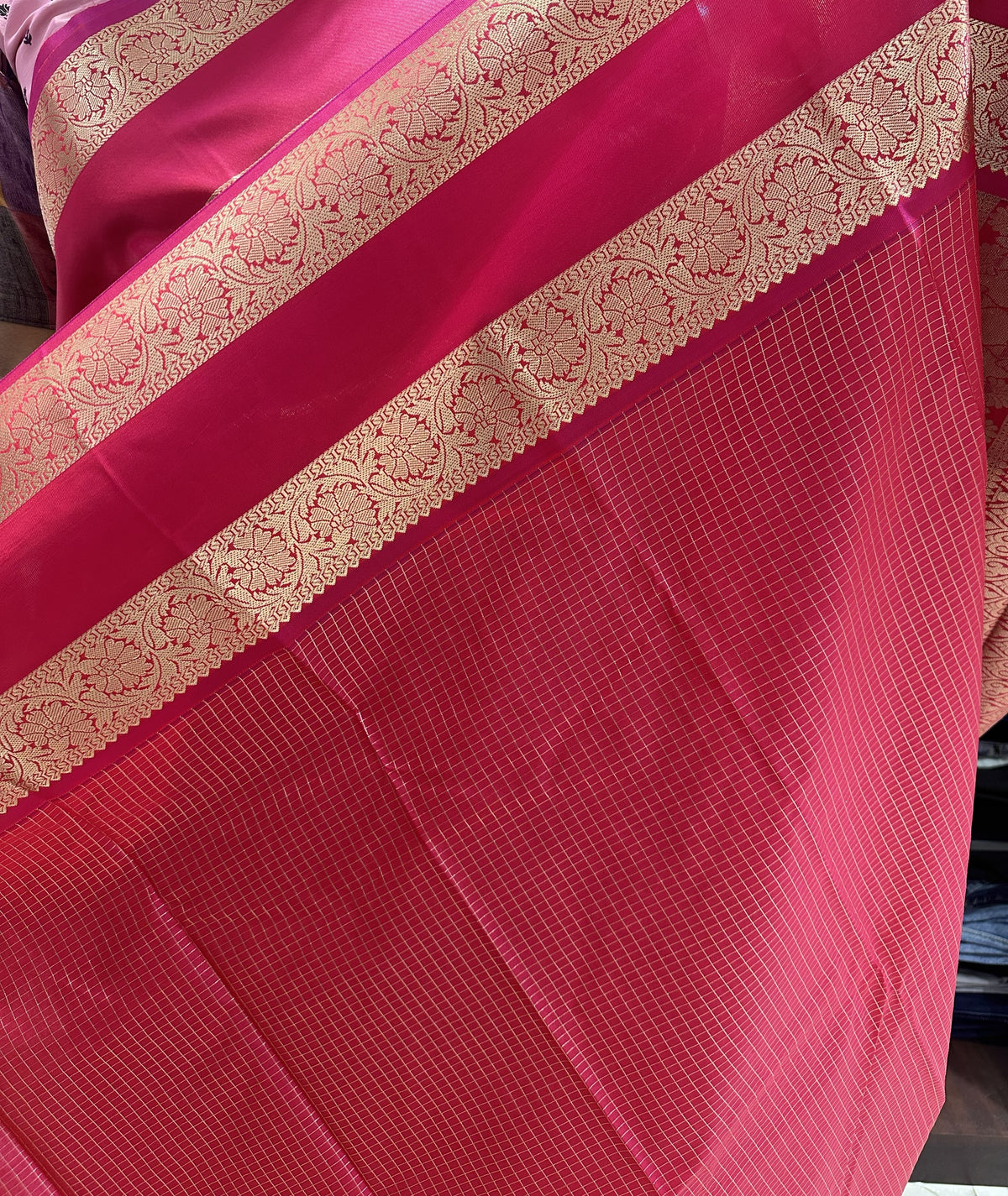 Dark Purple Colour Checked Semi Silk Saree with Rani Pink Contrast