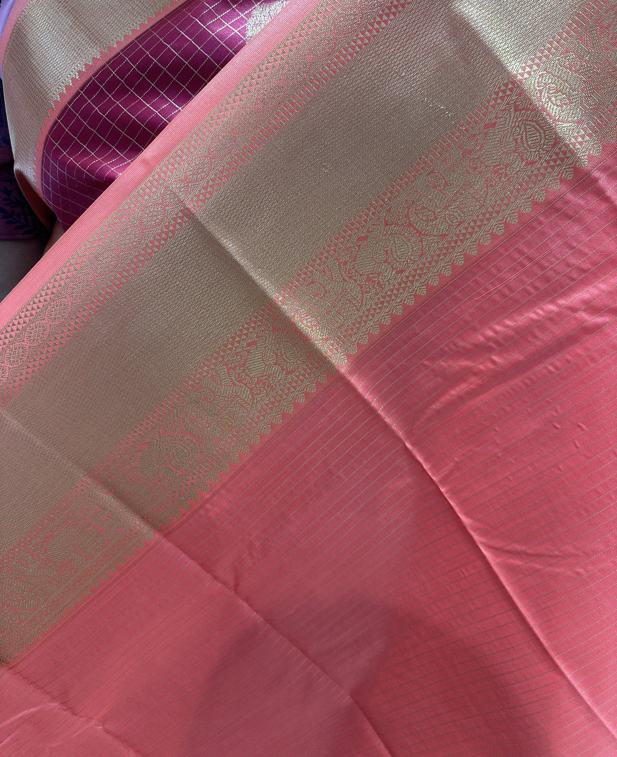 Dark Pink Colour Checked Semi Silk Saree with Baby Pink Contrast