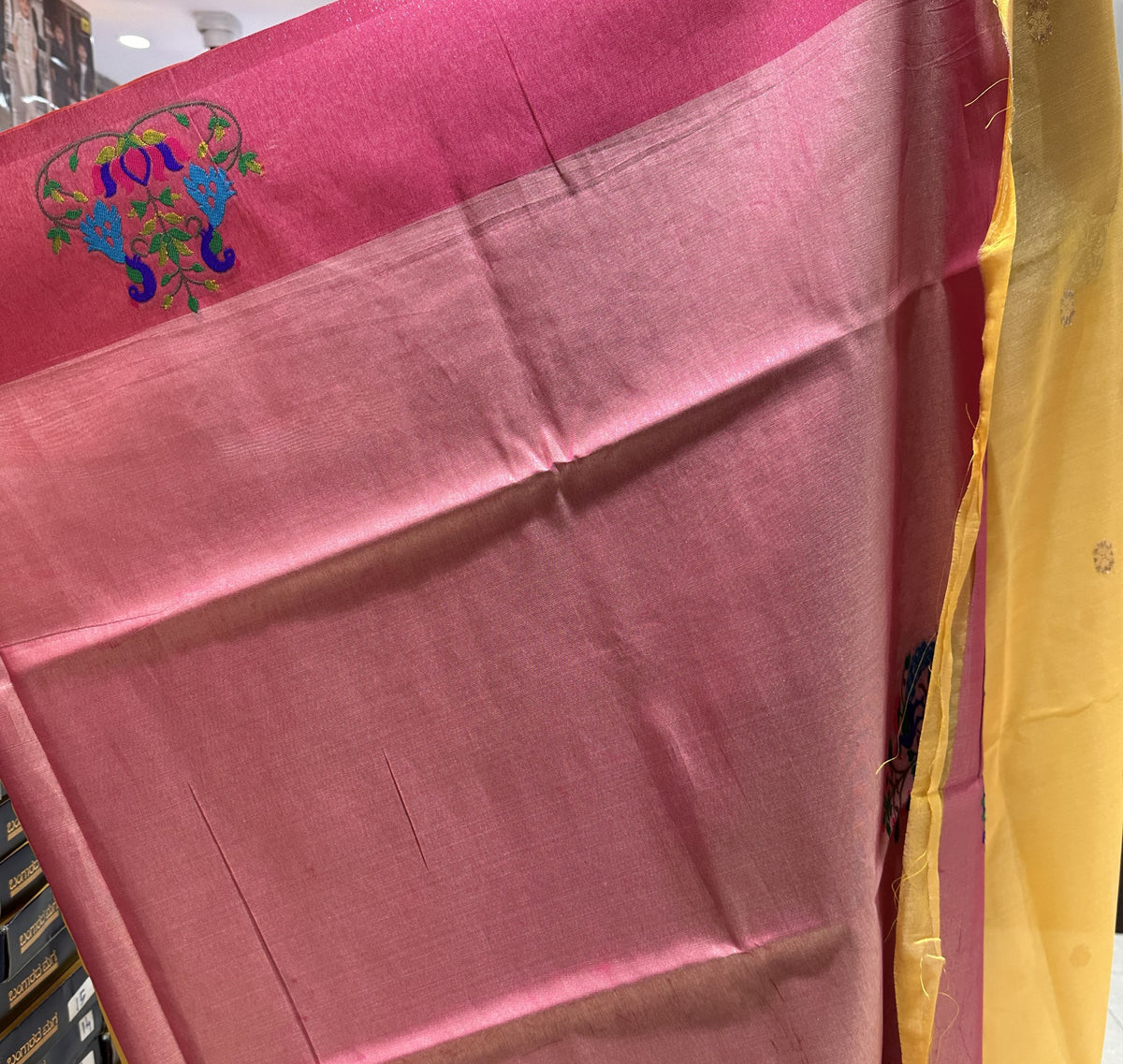 Yellow Colour Semi Paithani Silk Saree with Pink Contrast