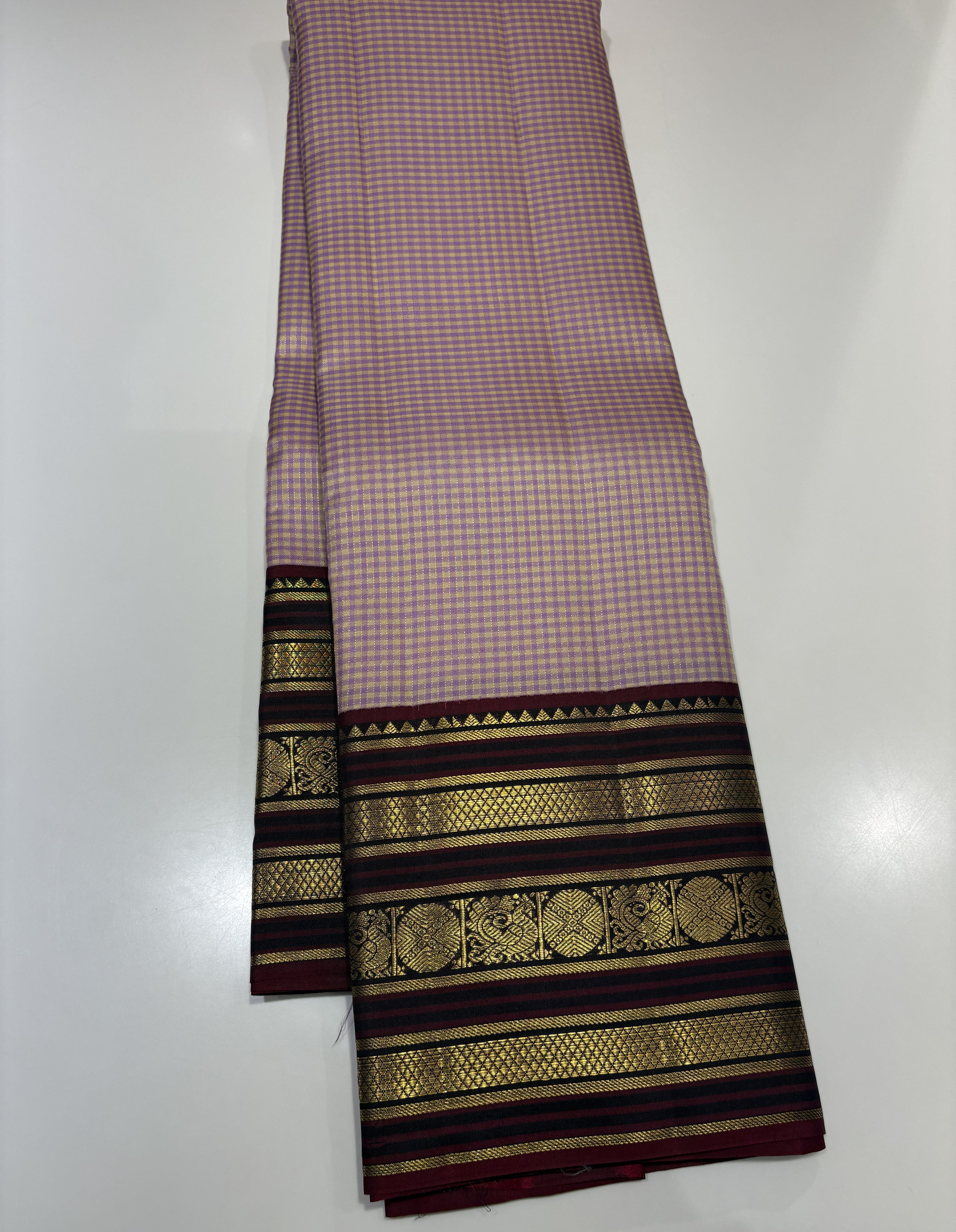 Lavender & Yellow Checks Pure Kanjivaram Silk Saree with Rich Dark Brown Contrast