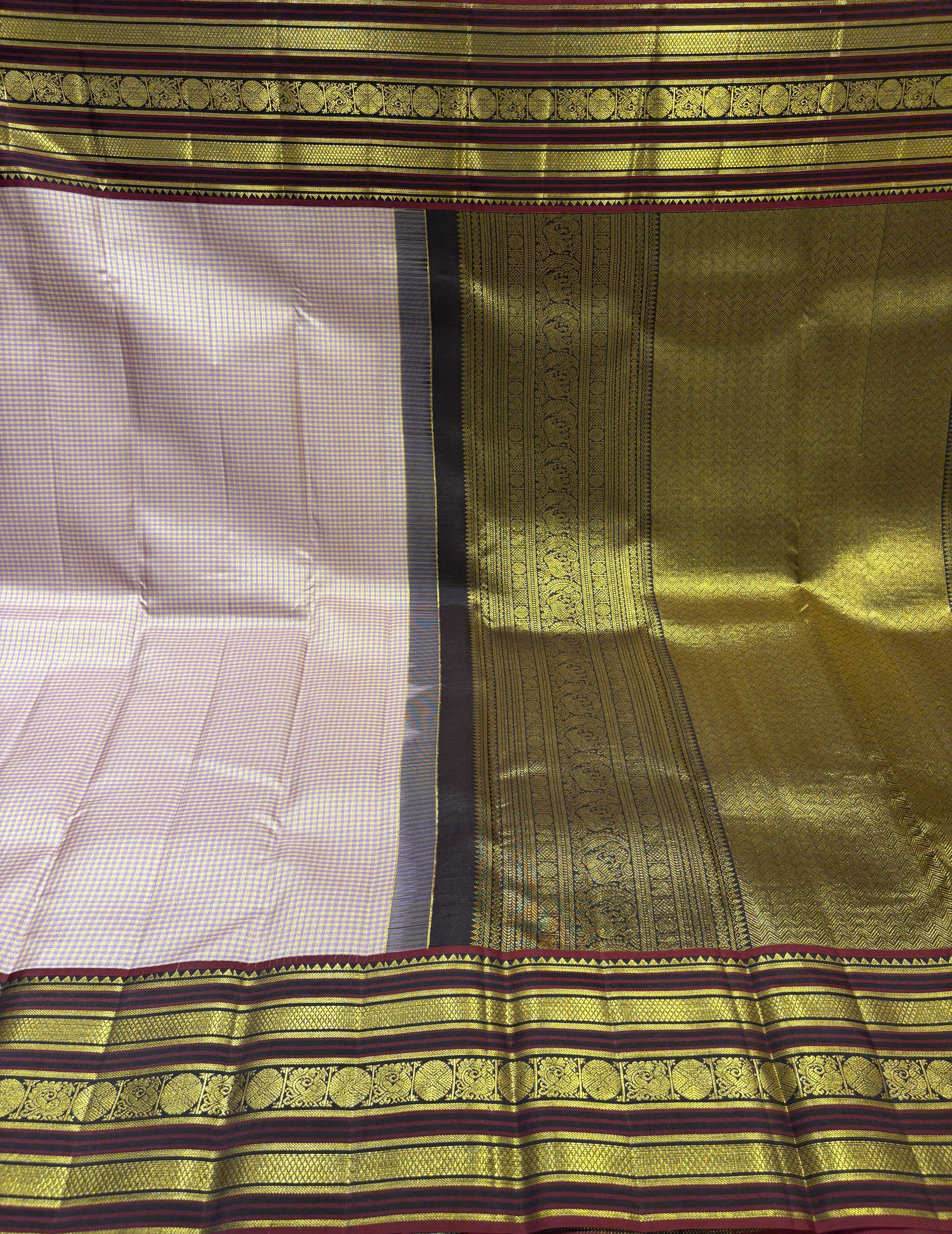 Lavender & Yellow Checks Pure Kanjivaram Silk Saree with Rich Dark Brown Contrast