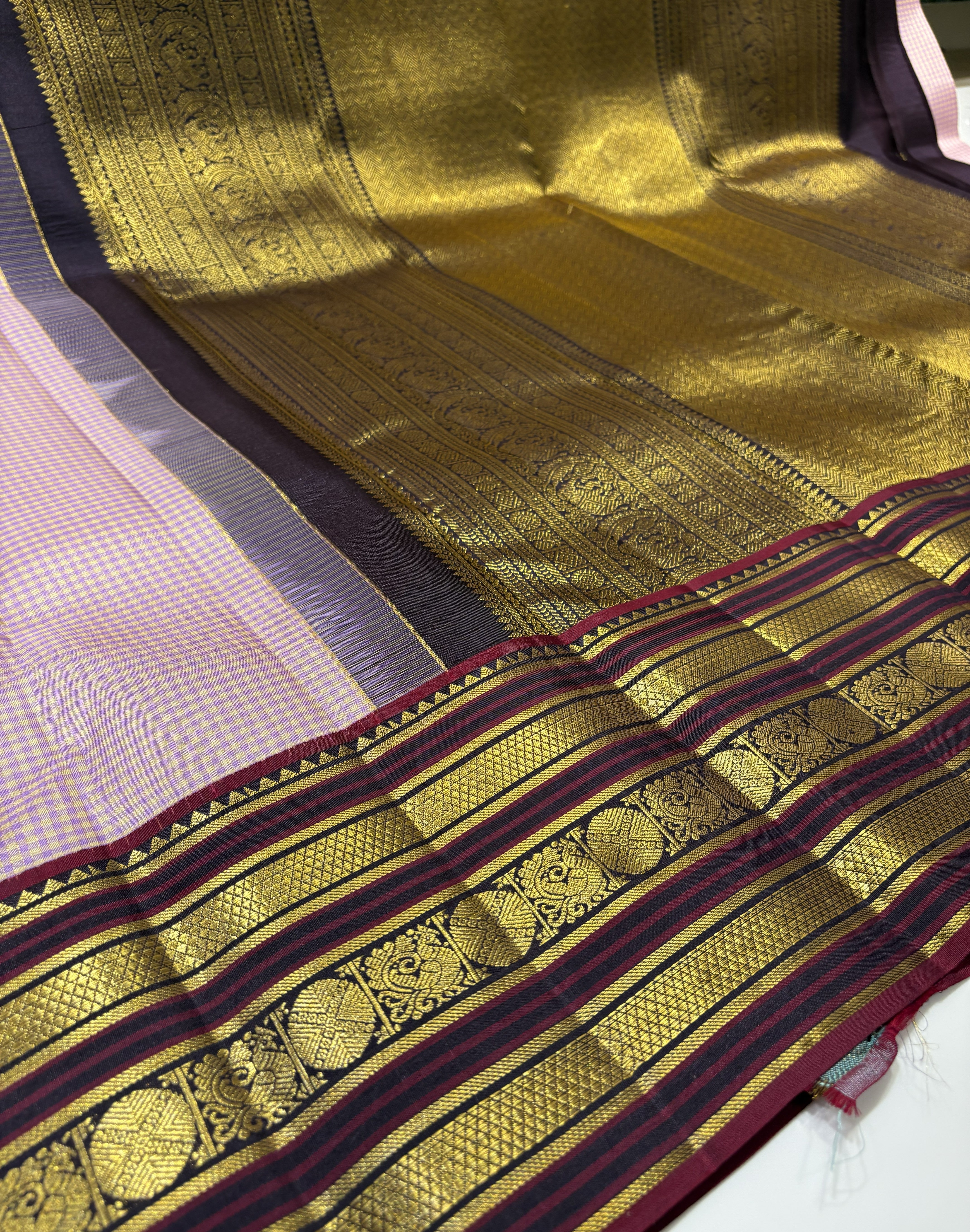 Lavender & Yellow Checks Pure Kanjivaram Silk Saree with Rich Dark Brown Contrast
