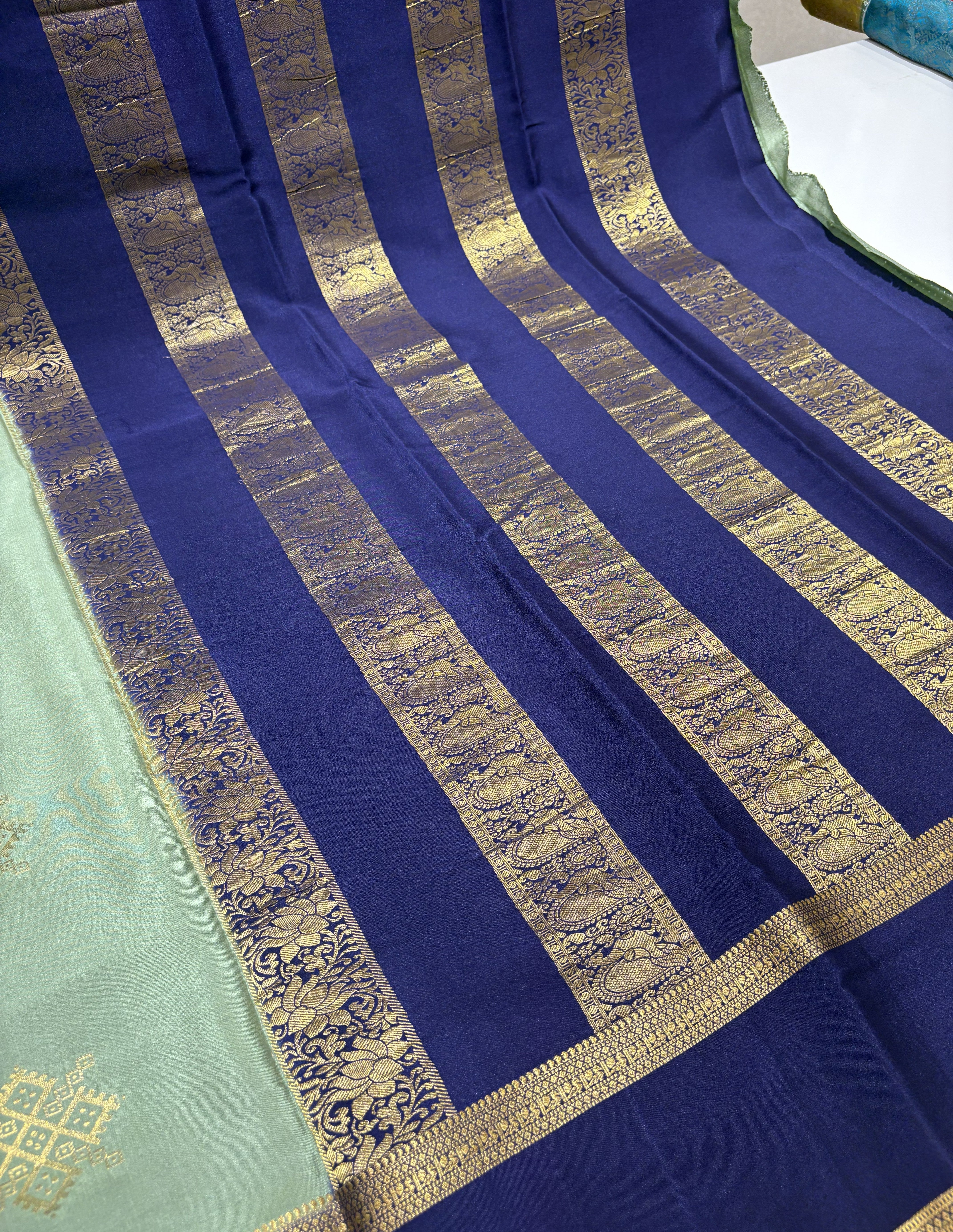Pista Green Pure Mysore Crepe Silk Saree(120 gsm) with Royal Blue Contrast