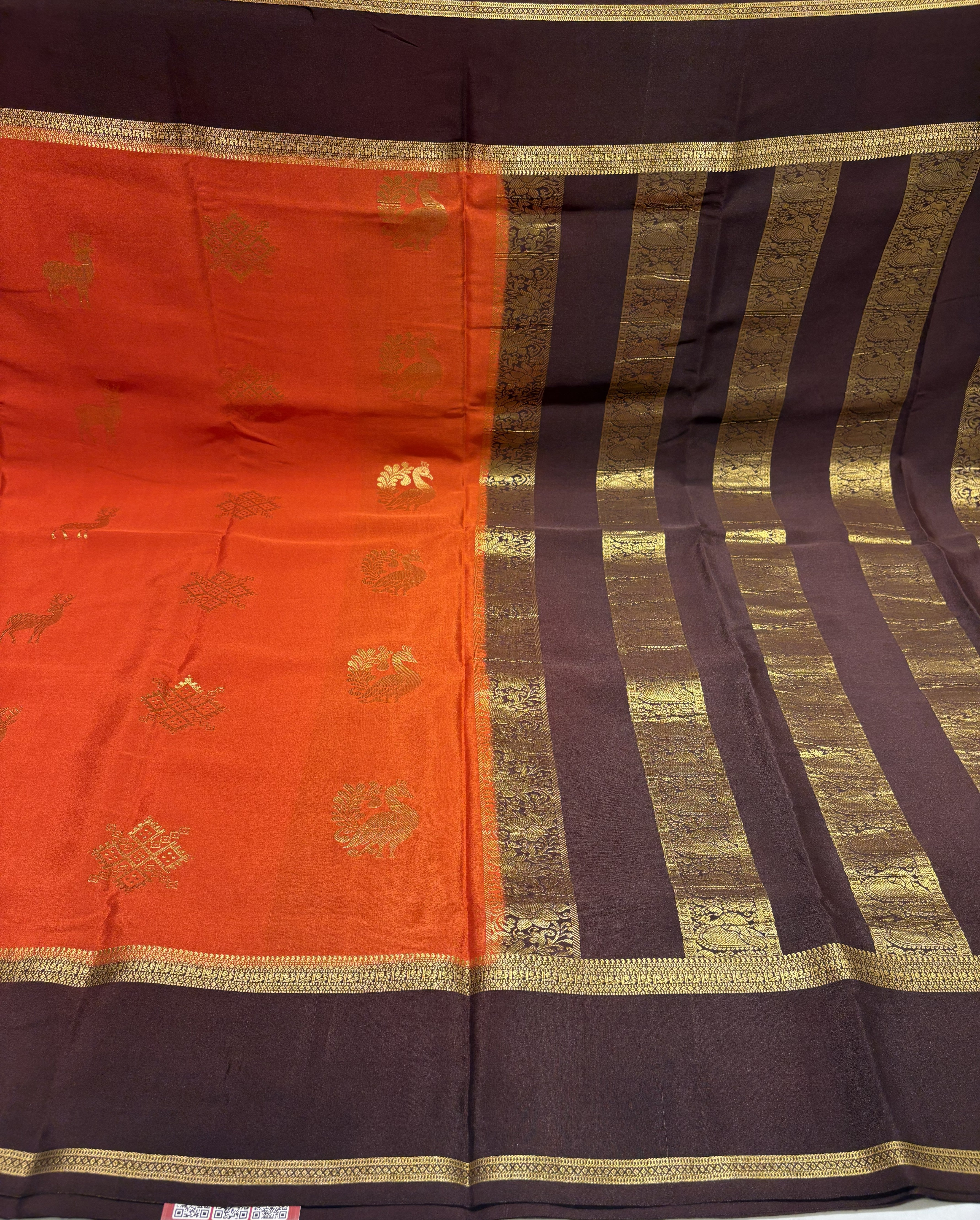Rust Orange Pure Mysore Silk Saree(120 gsm) with Brown Contrast