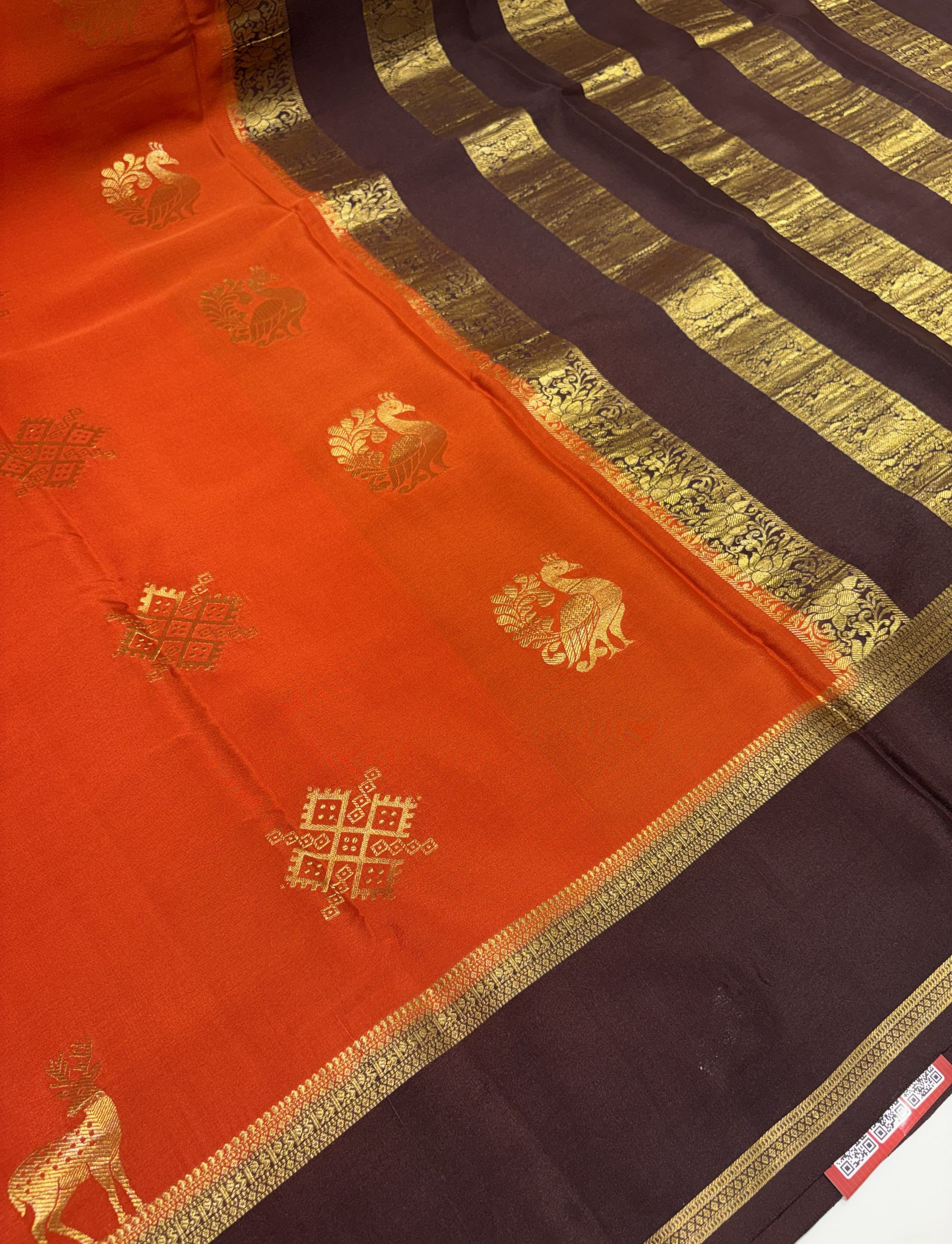 Rust Orange Pure Mysore Silk Saree(120 gsm) with Brown Contrast