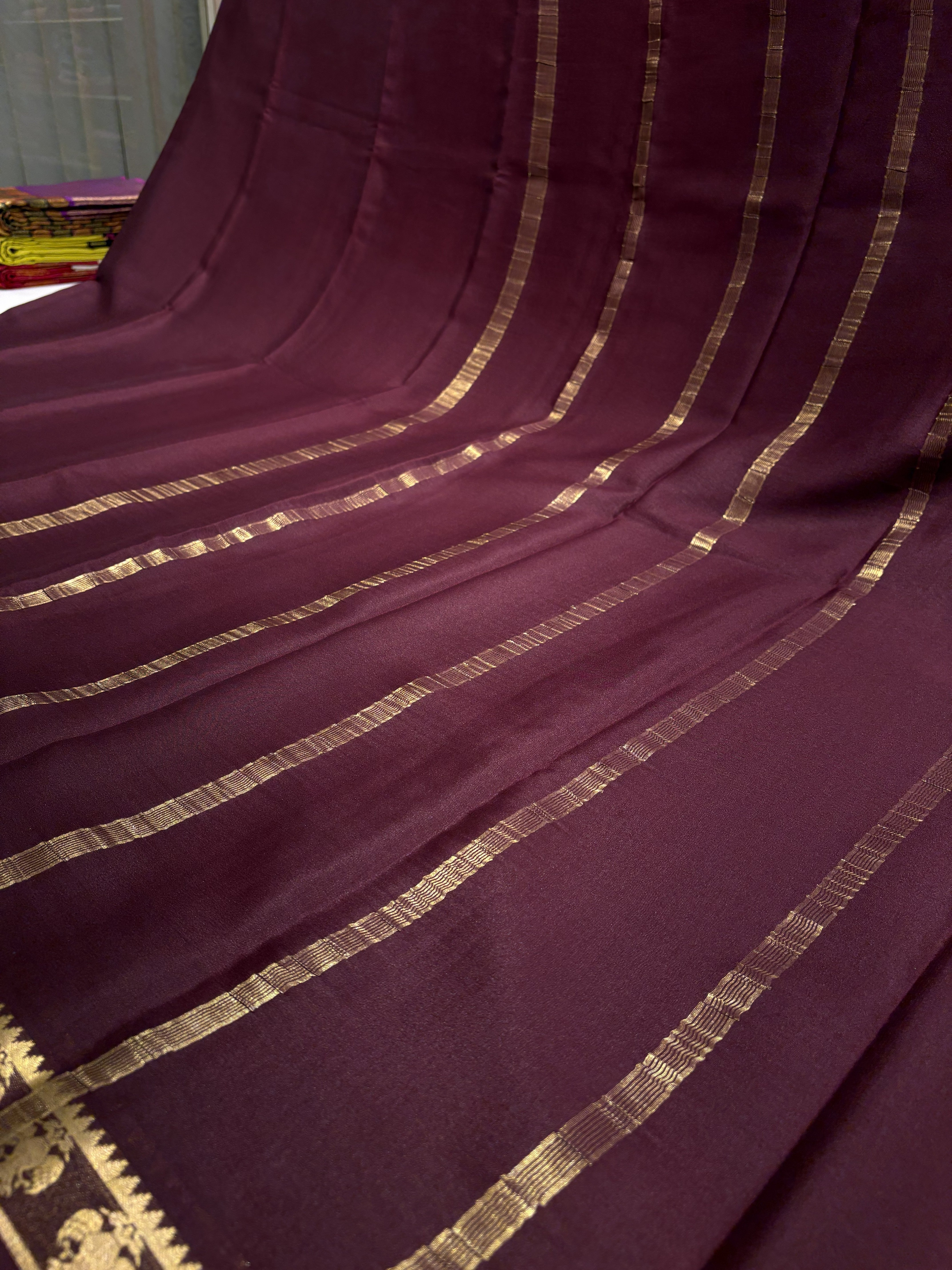 Dark Brown Mysore Silk Crepe Saree(60 gsm) With Gandaberunda motifs Border In gold Zari