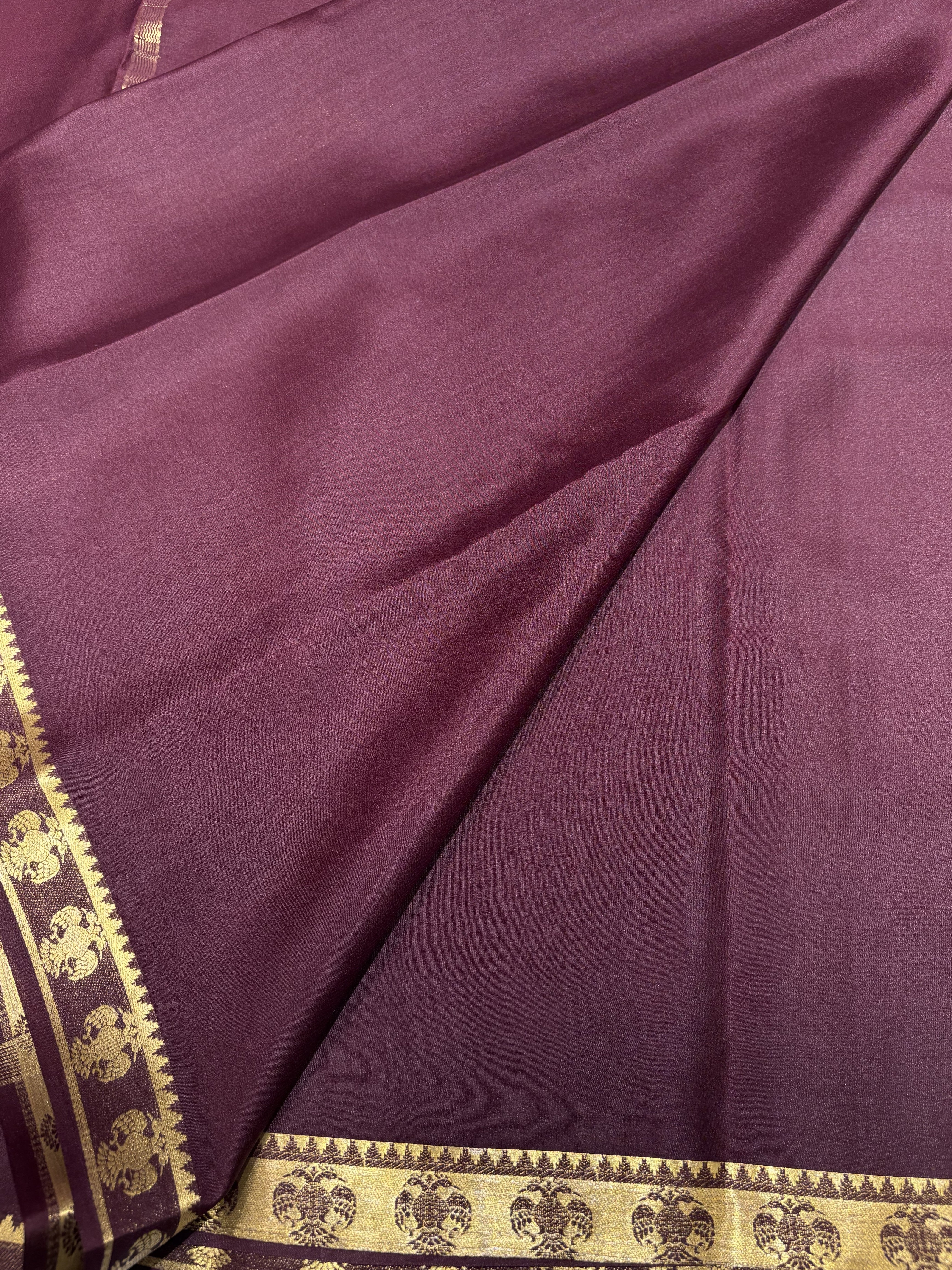 Dark Brown Mysore Silk Crepe Saree(60 gsm) With Gandaberunda motifs Border In gold Zari