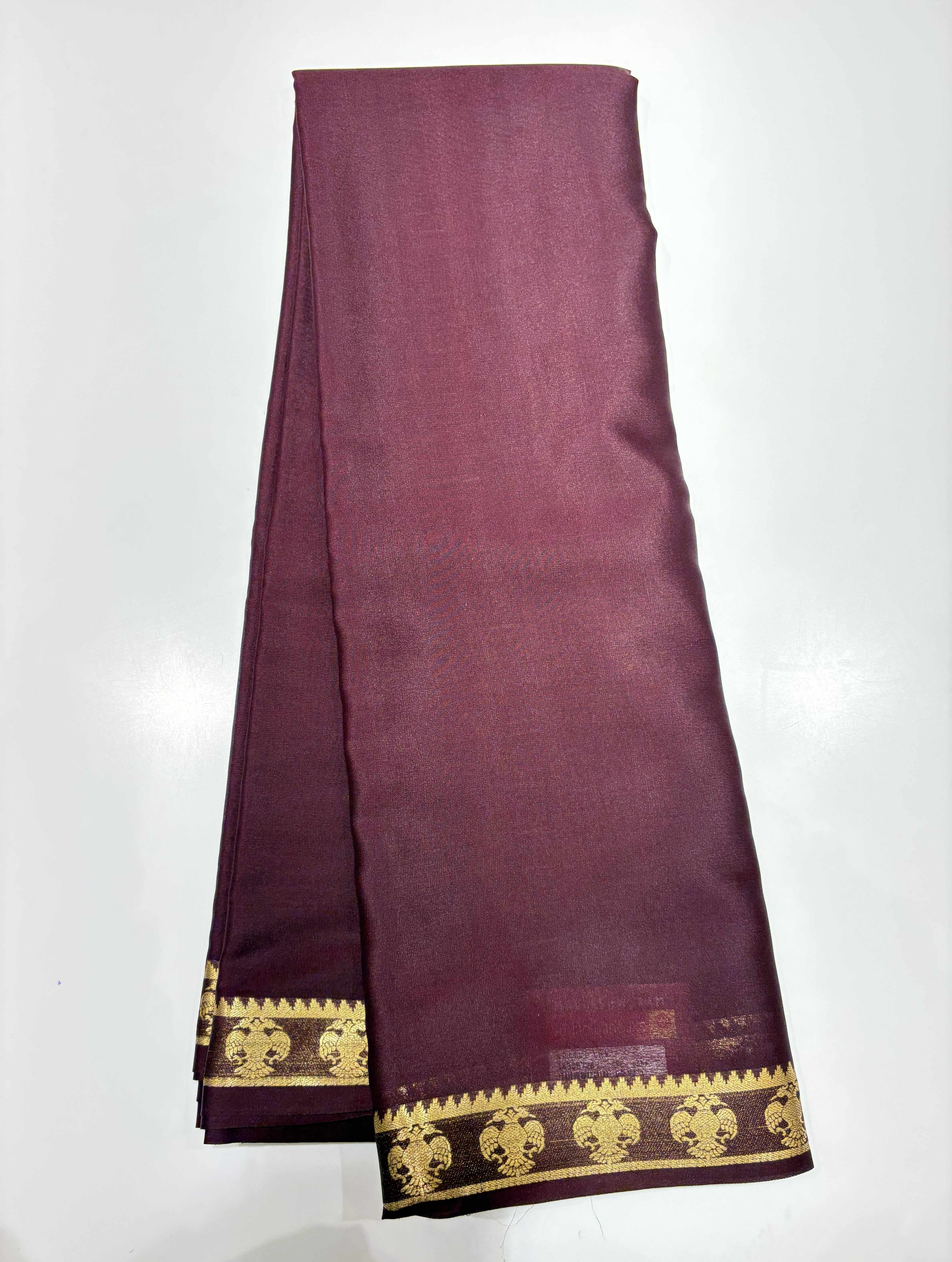 Dark Brown Mysore Silk Crepe Saree(60 gsm) With Gandaberunda motifs Border In gold Zari