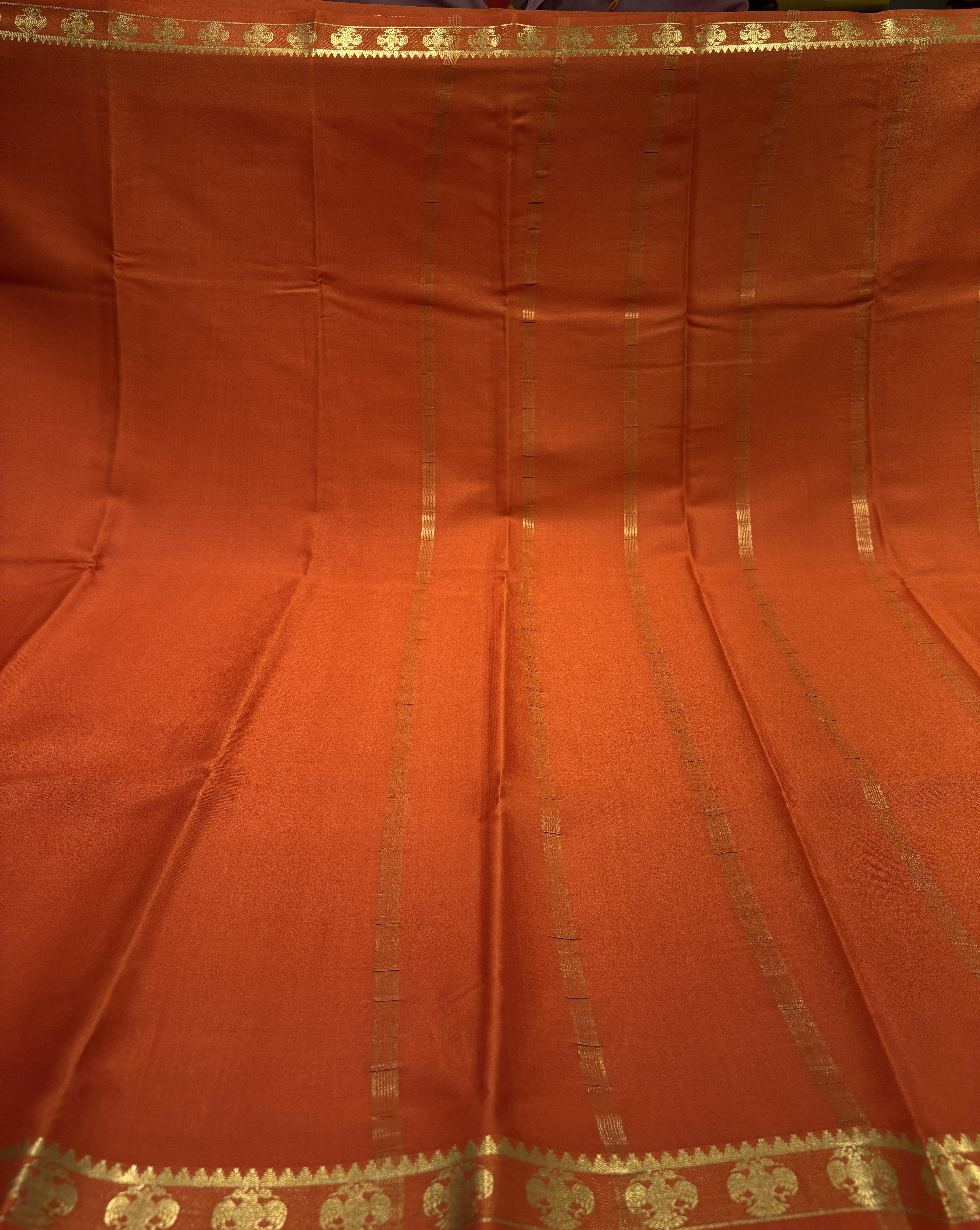 Rust Orange Mysore Silk Crepe Saree(60 gsm) With Gandaberunda motifs Border In gold Zari