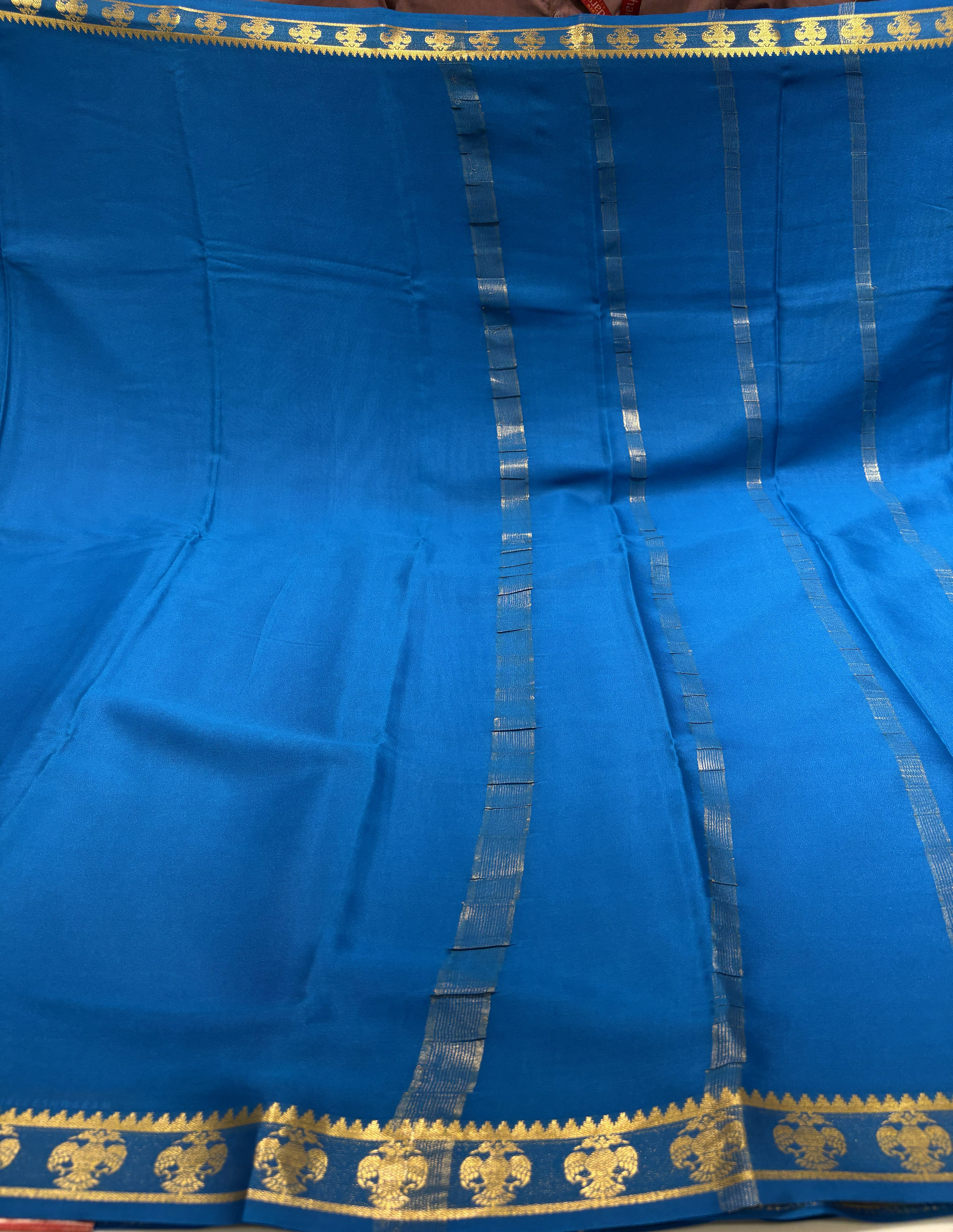 Deep Sea Blue Mysore Silk Crepe Saree(60 gsm) With Gandaberunda motifs Border In gold Zari