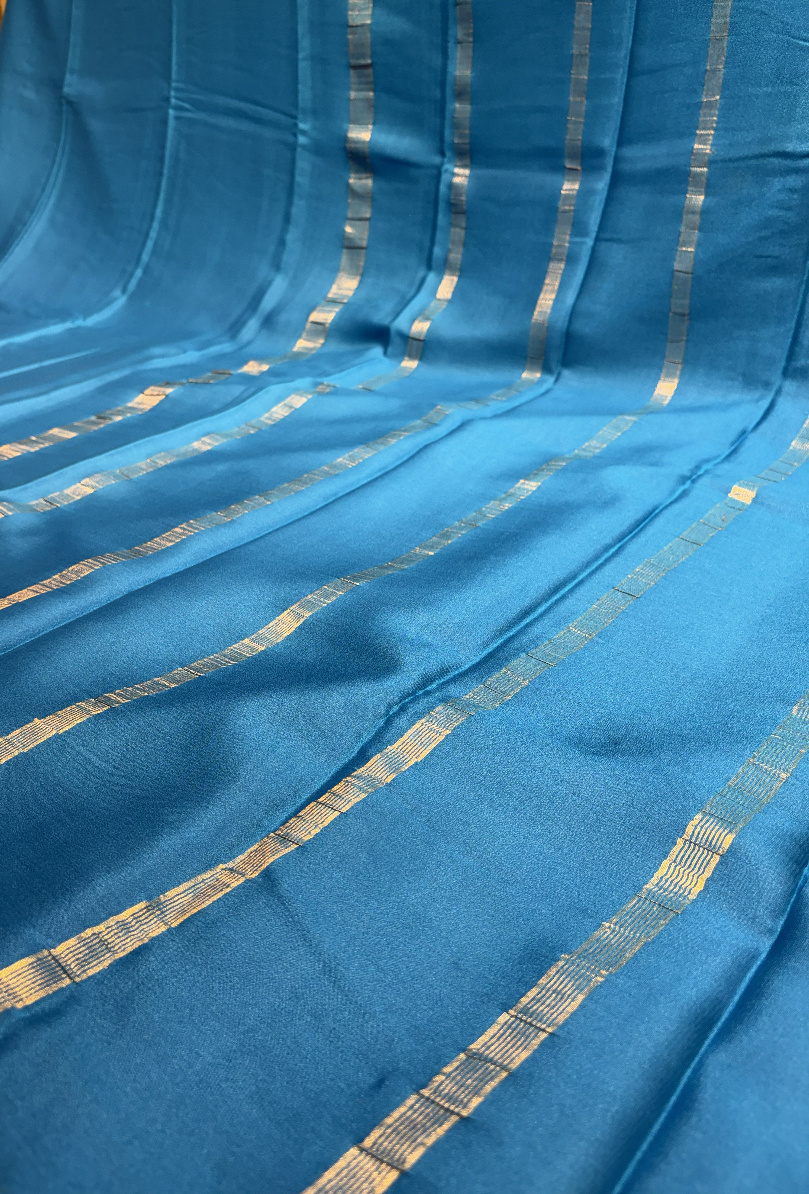 Deep Sea Blue Mysore Silk Crepe Saree(60 gsm) With Gandaberunda motifs Border In gold Zari