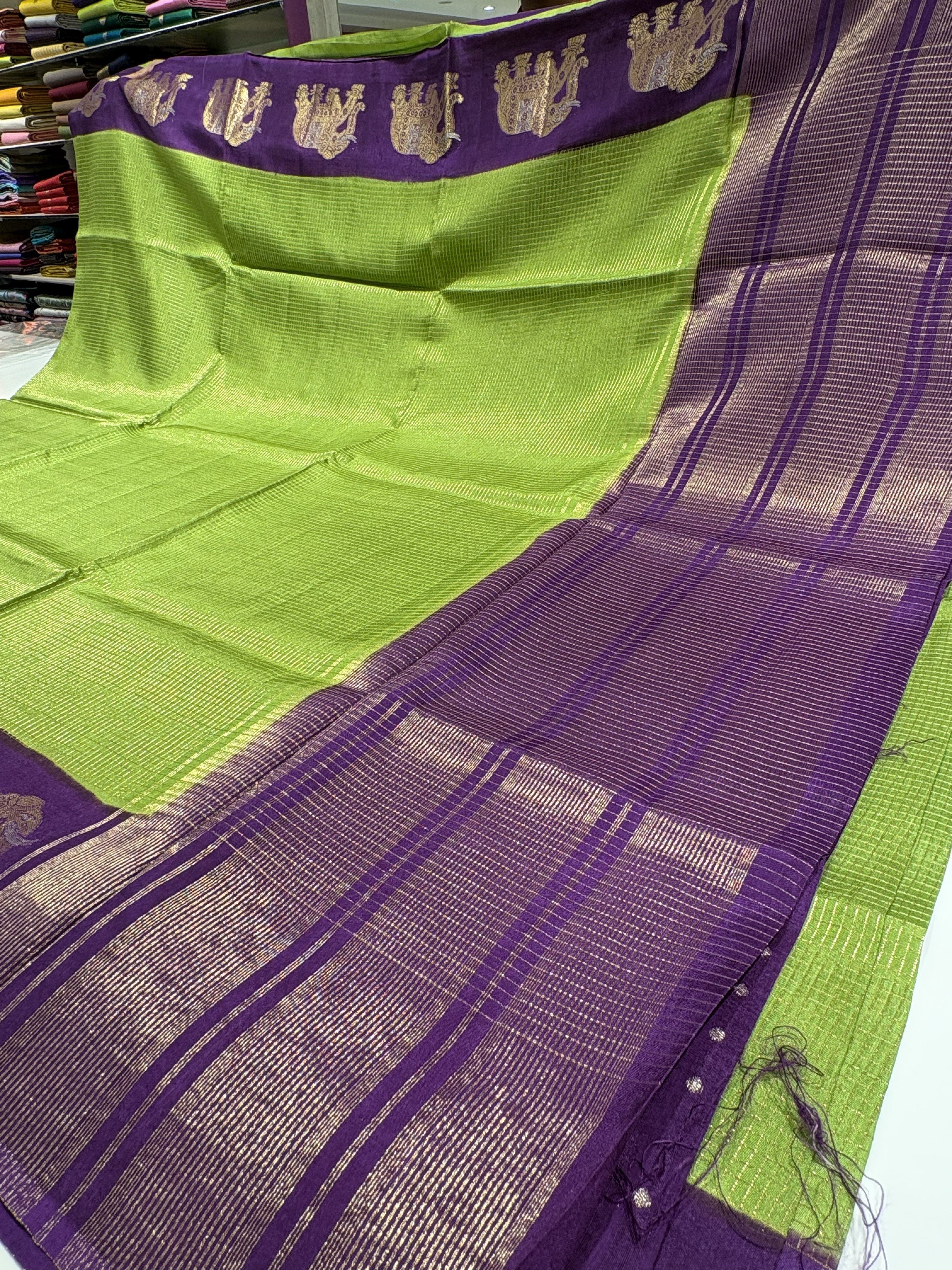 Beautiful Parrot Green Fancy Saree With Purple Contrast And Elephant Motifs on its Border