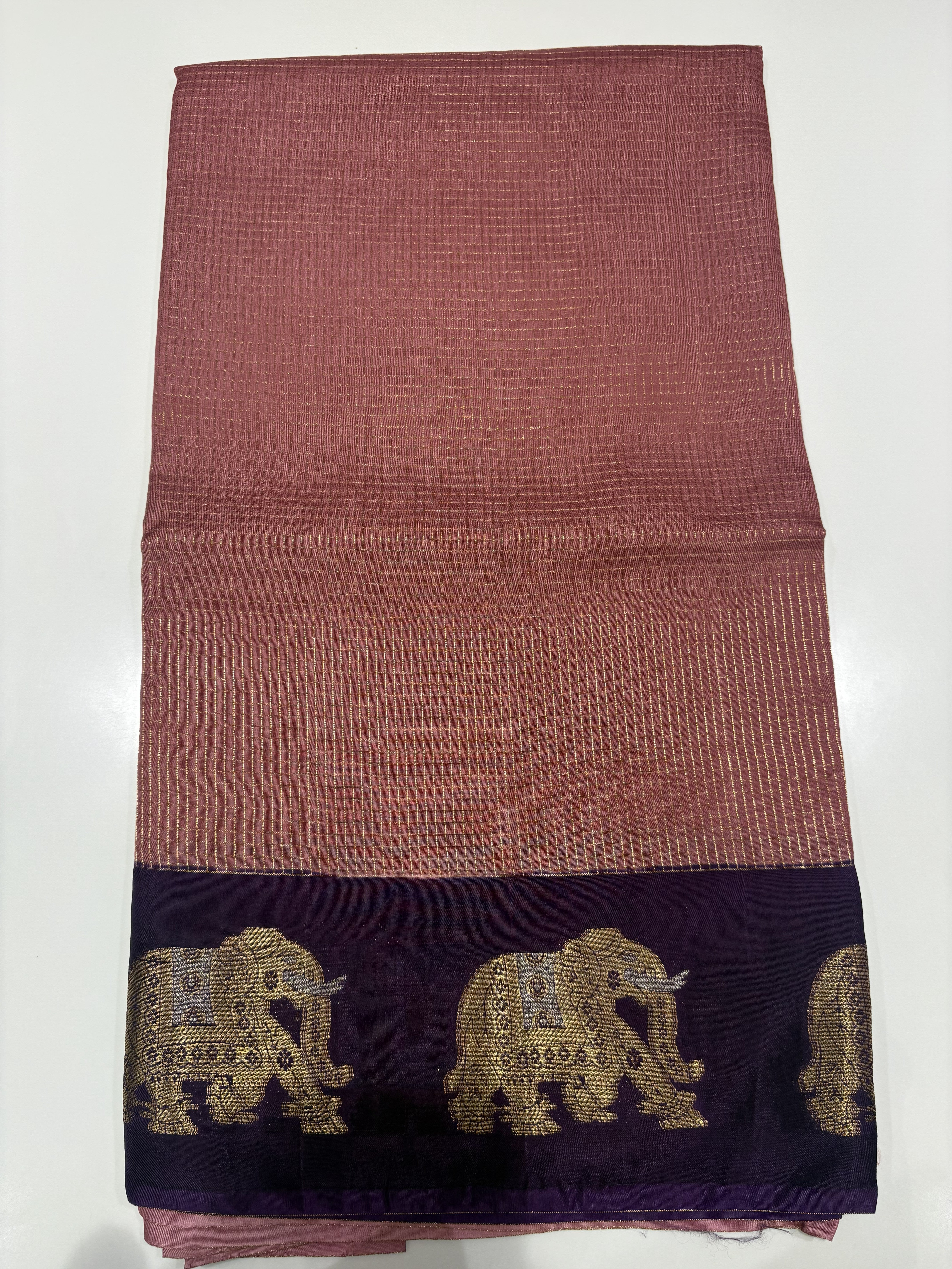 Beautiful Onion Pink Fancy Saree With Purple Contrast And Elephant Motifs on its Border
