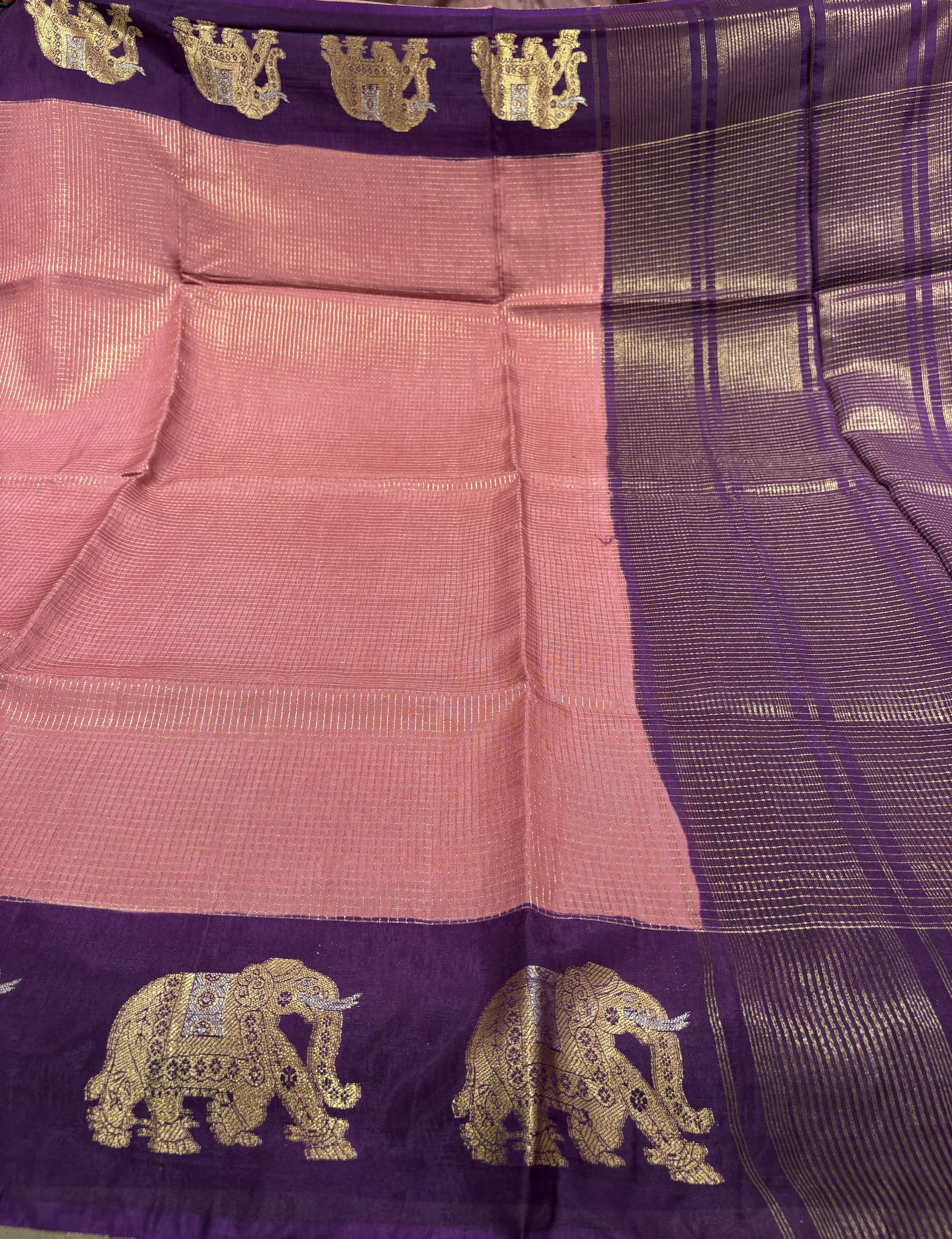 Beautiful Onion Pink Fancy Saree With Purple Contrast And Elephant Motifs on its Border