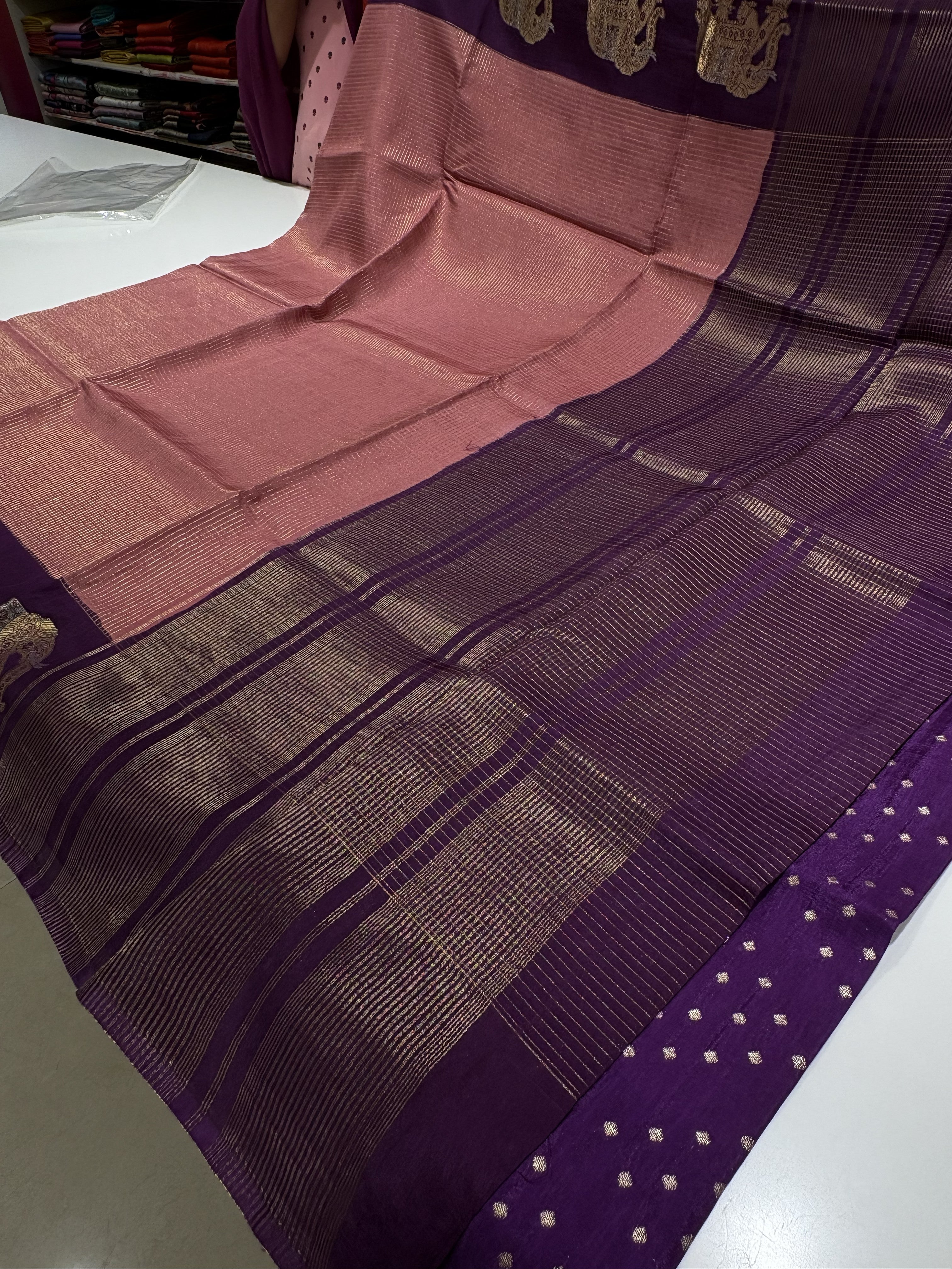 Beautiful Onion Pink Fancy Saree With Purple Contrast And Elephant Motifs on its Border