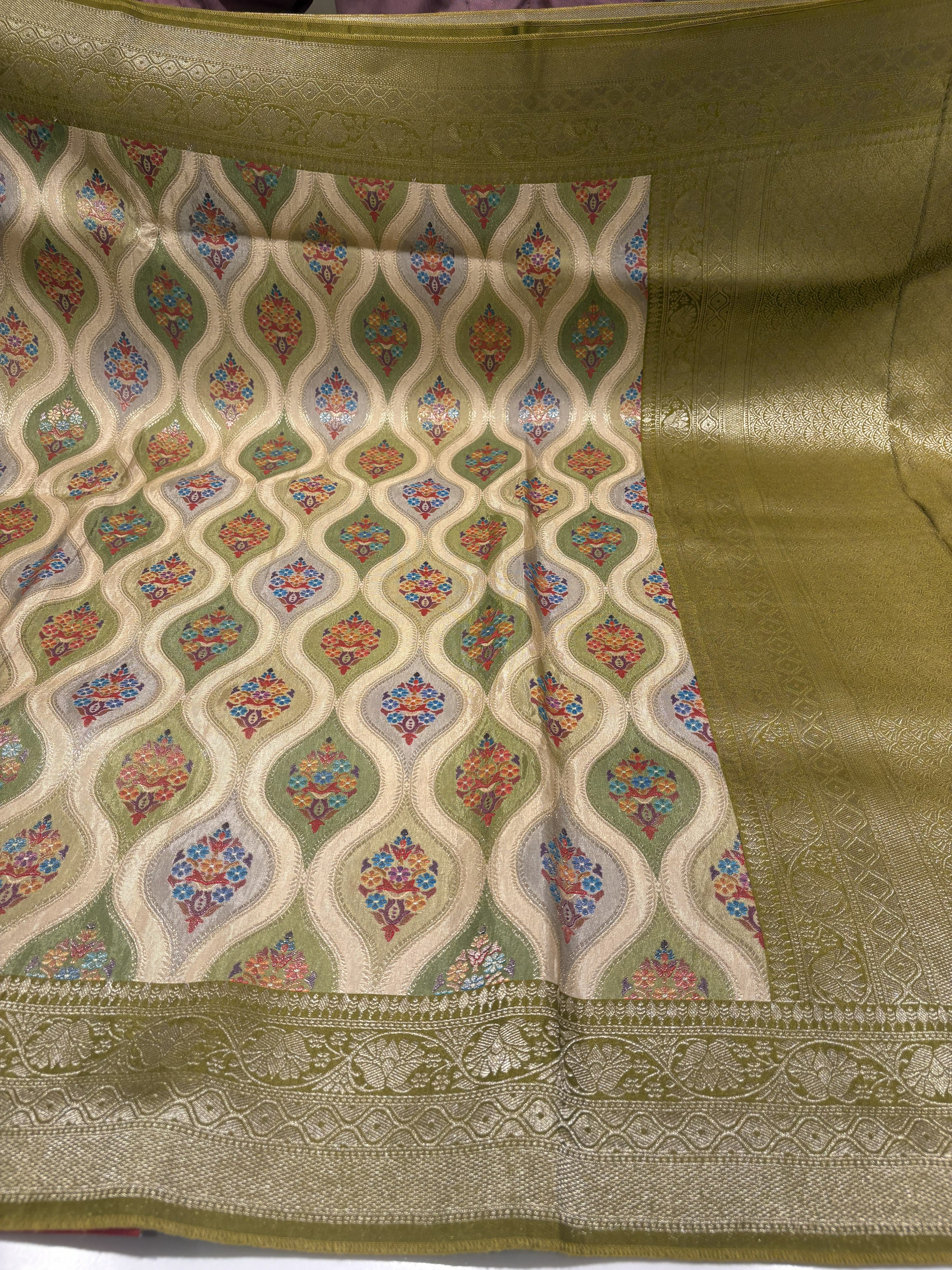 Premium Olive Green Dola Silk Saree assembling Meenakari style in the Body