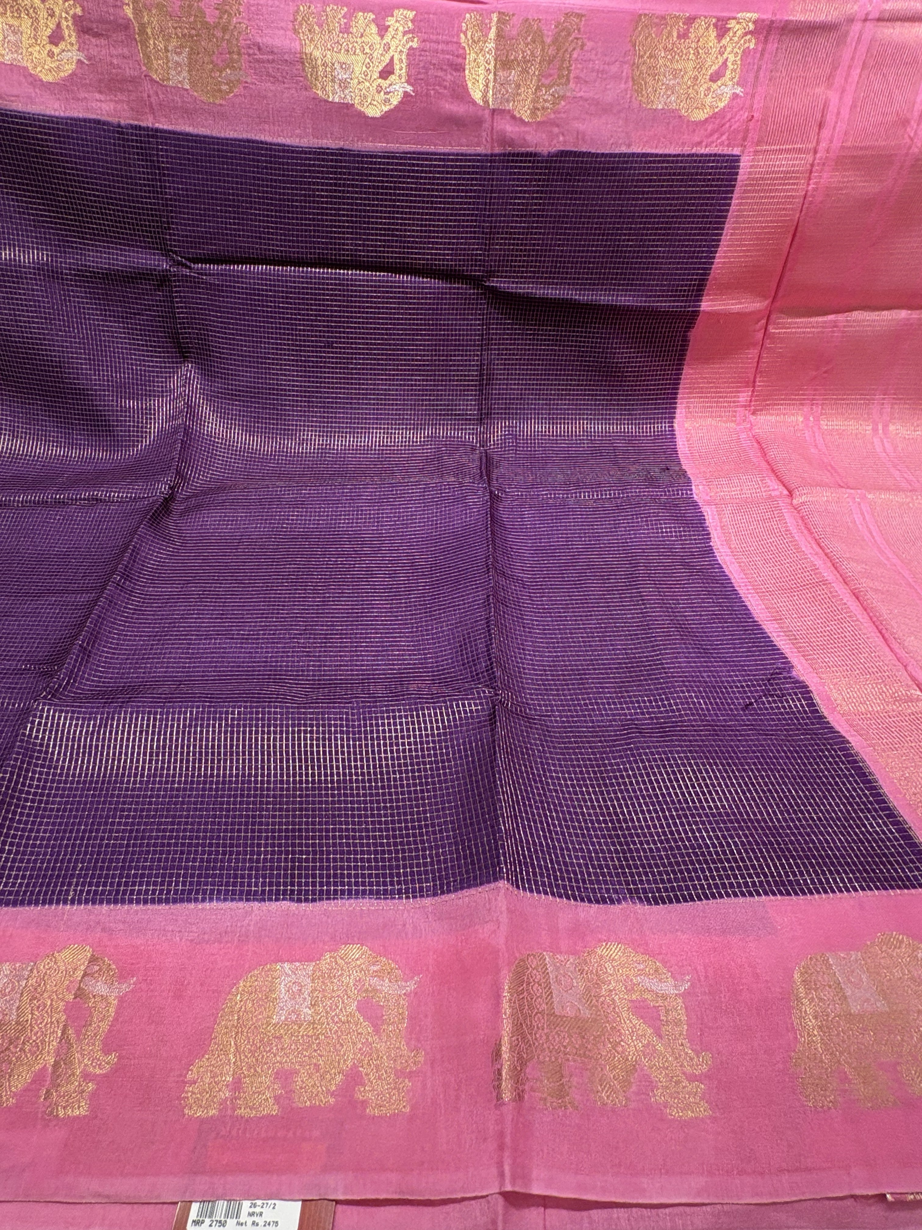 Beautiful Purple Fancy Saree With Onion Pink Contrast And Elephant Motifs on its Border