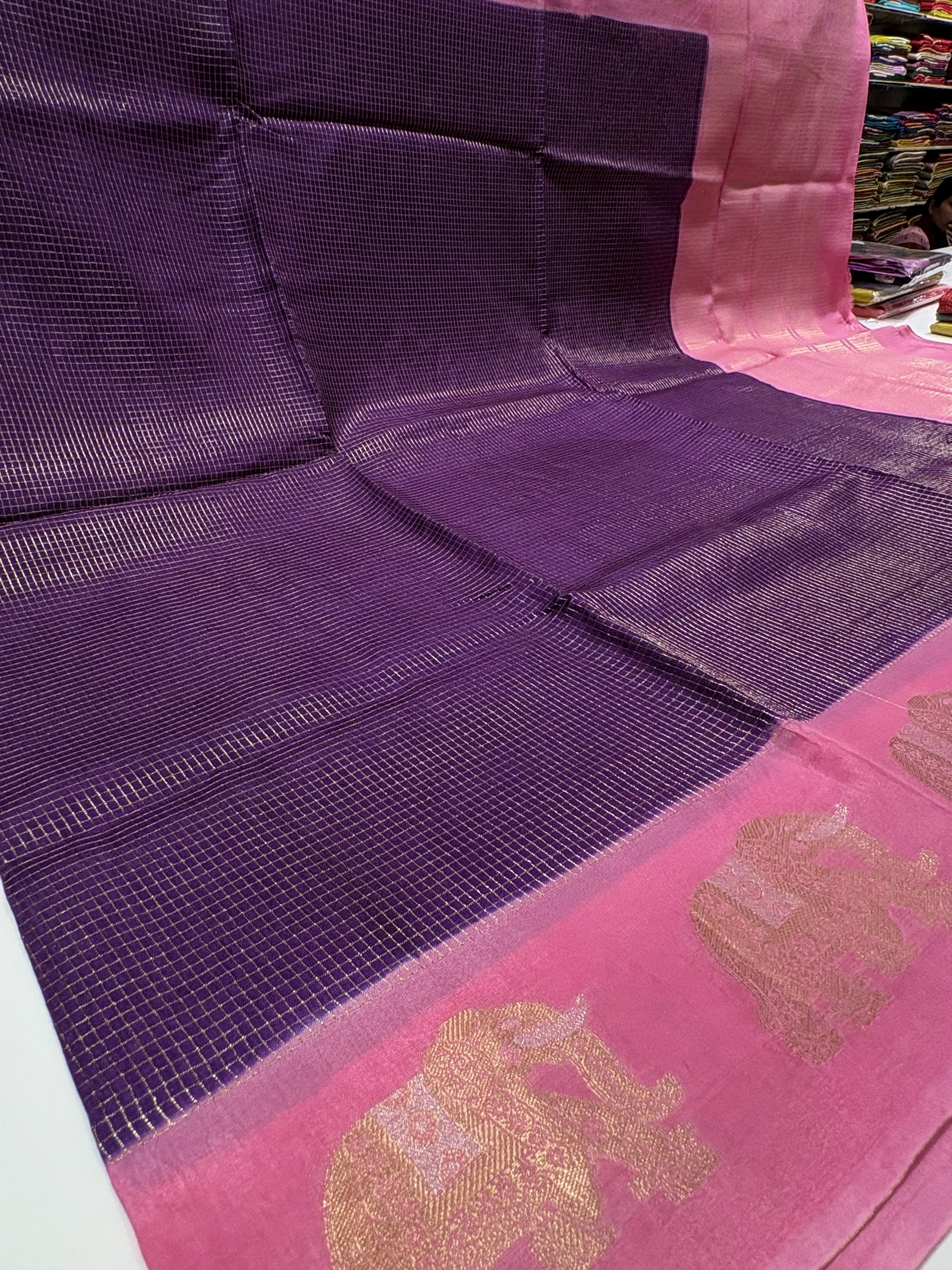 Beautiful Purple Fancy Saree With Onion Pink Contrast And Elephant Motifs on its Border