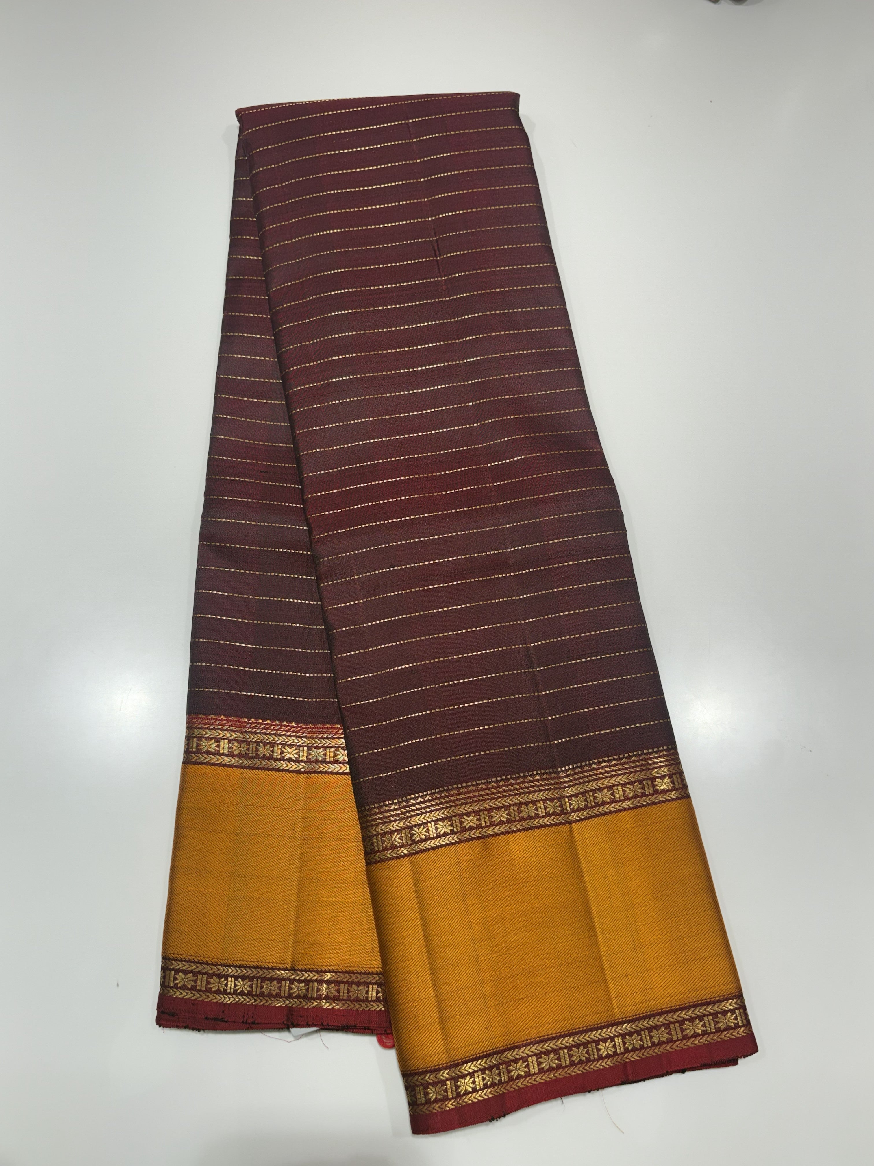 Vintage Dark Brown Kanjivaram Silk Saree with Turmeric yellow Border