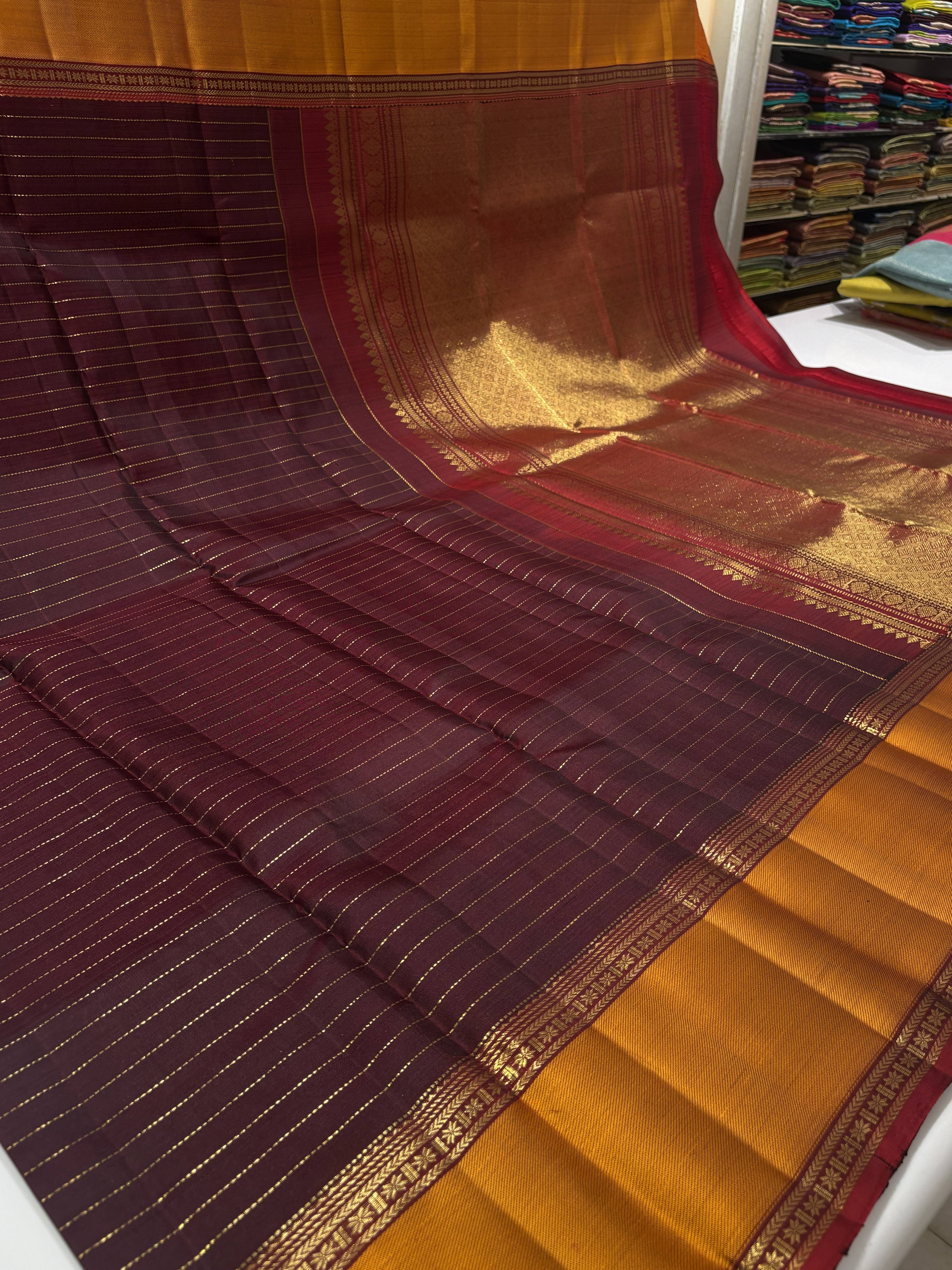 Vintage Dark Brown Kanjivaram Silk Saree with Turmeric yellow Border