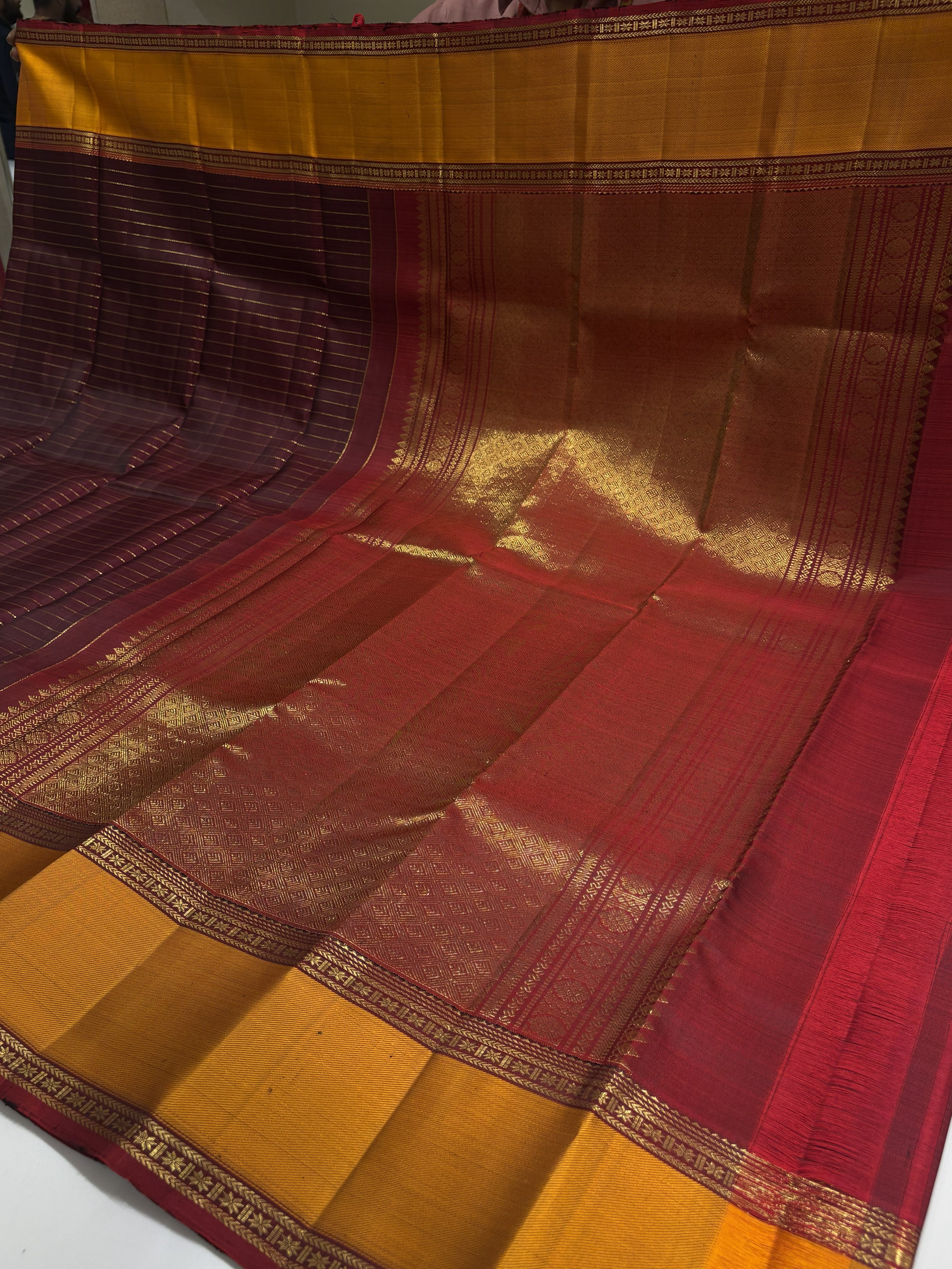 Vintage Dark Brown Kanjivaram Silk Saree with Turmeric yellow Border