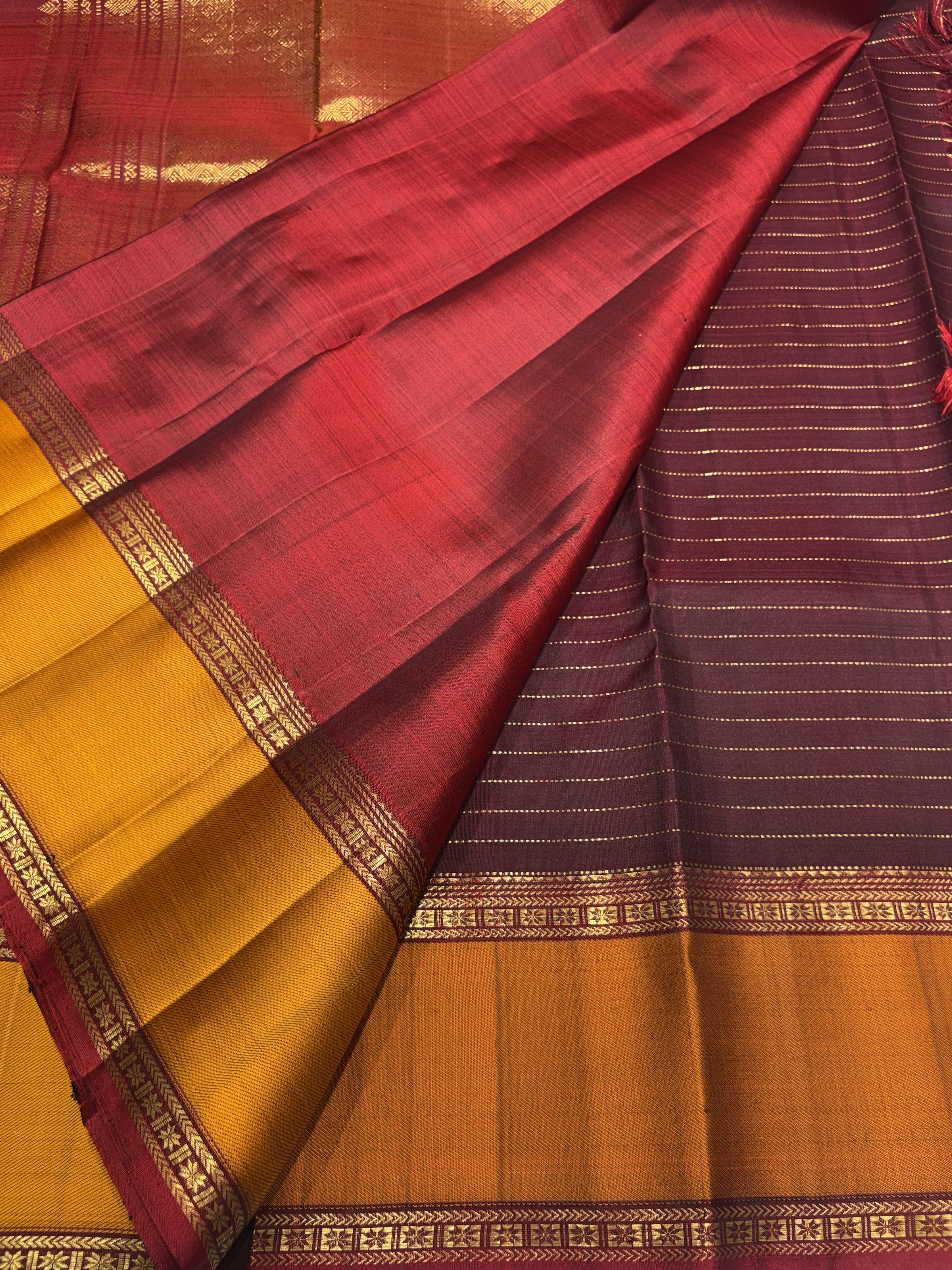 Vintage Dark Brown Kanjivaram Silk Saree with Turmeric yellow Border