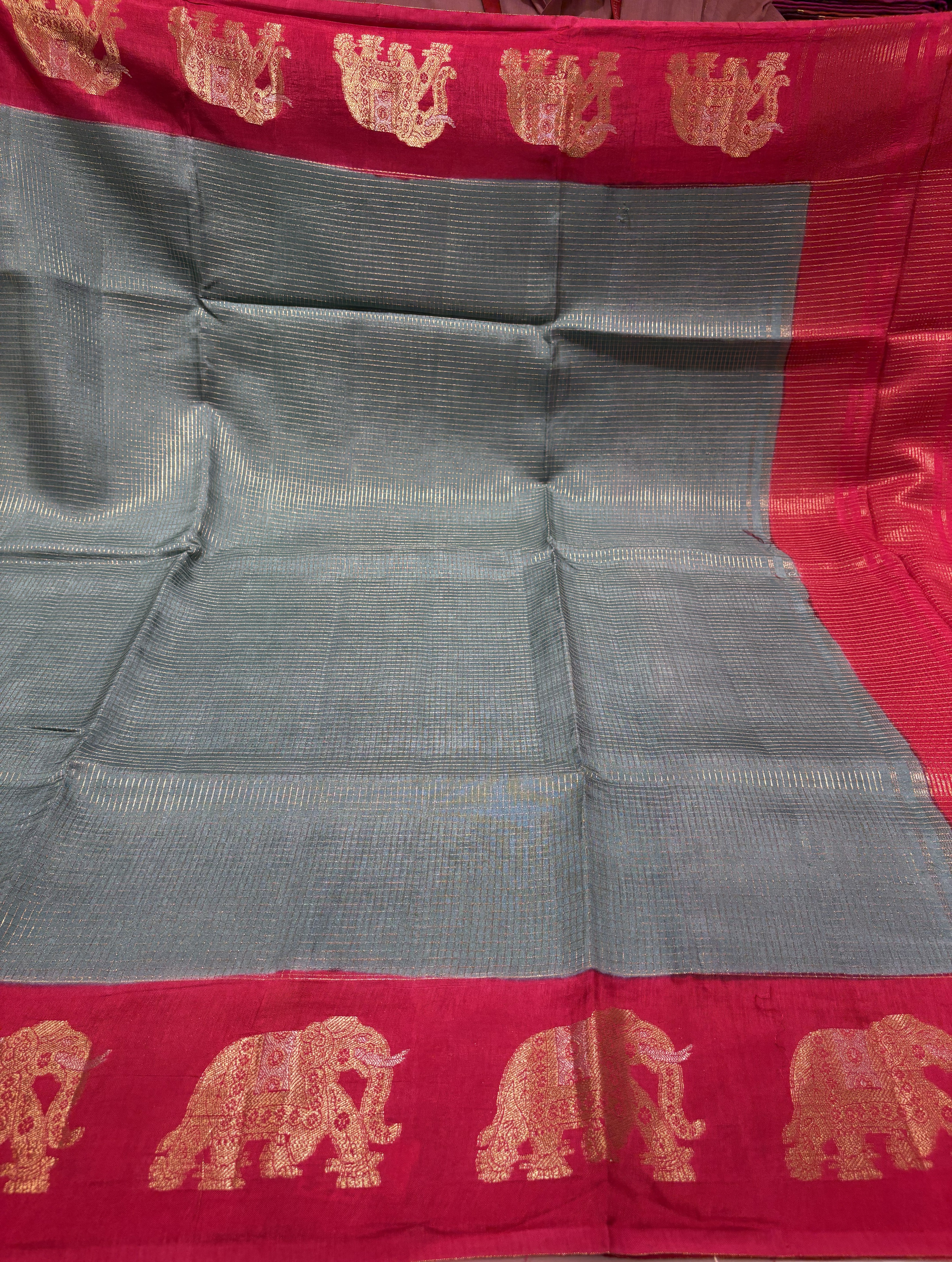 Beautiful Grey Fancy Saree With Red Contrast