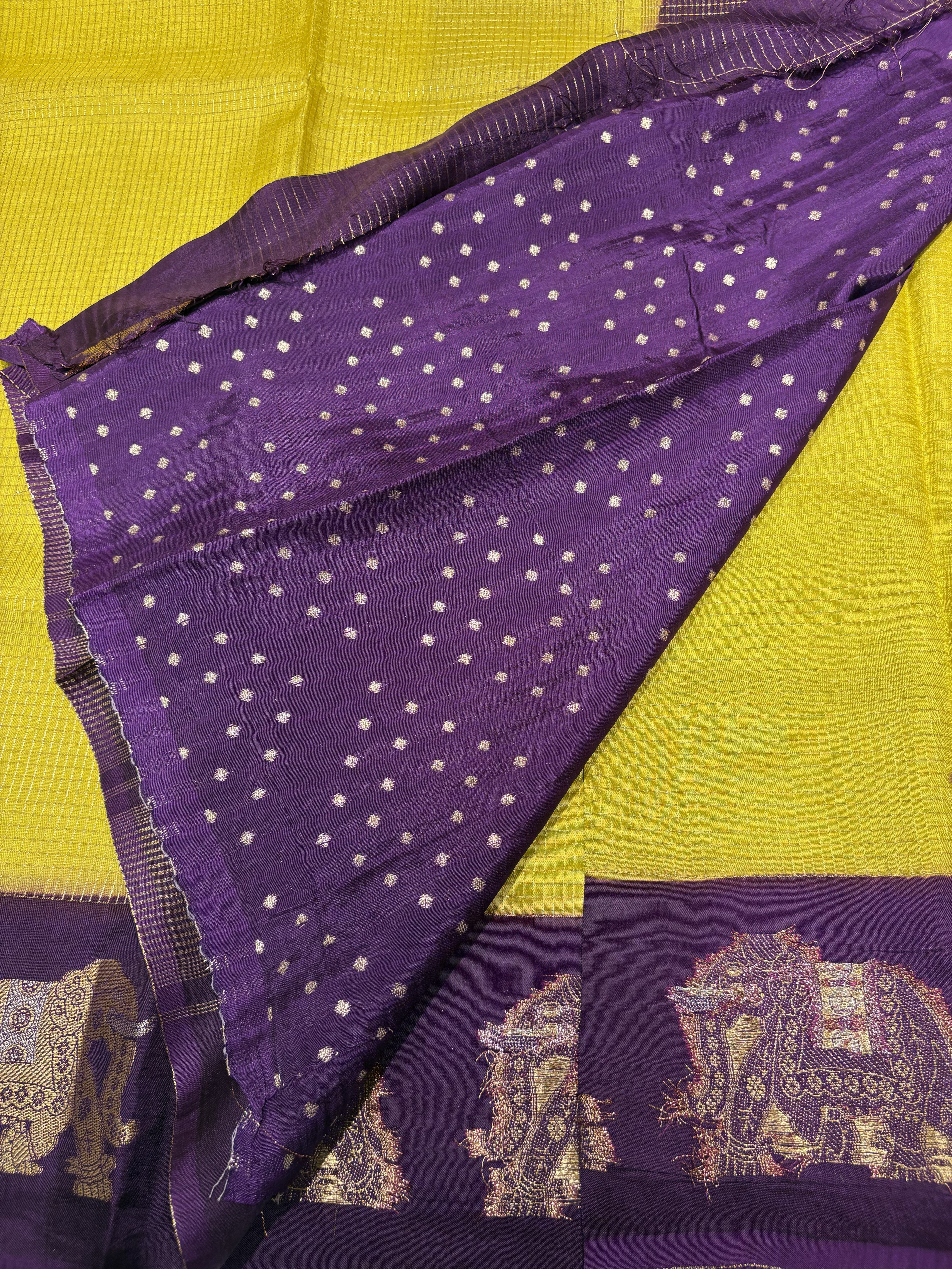 Beautiful Yellow Fancy Saree With Purple Contrast And Elephant Motifs on its Border