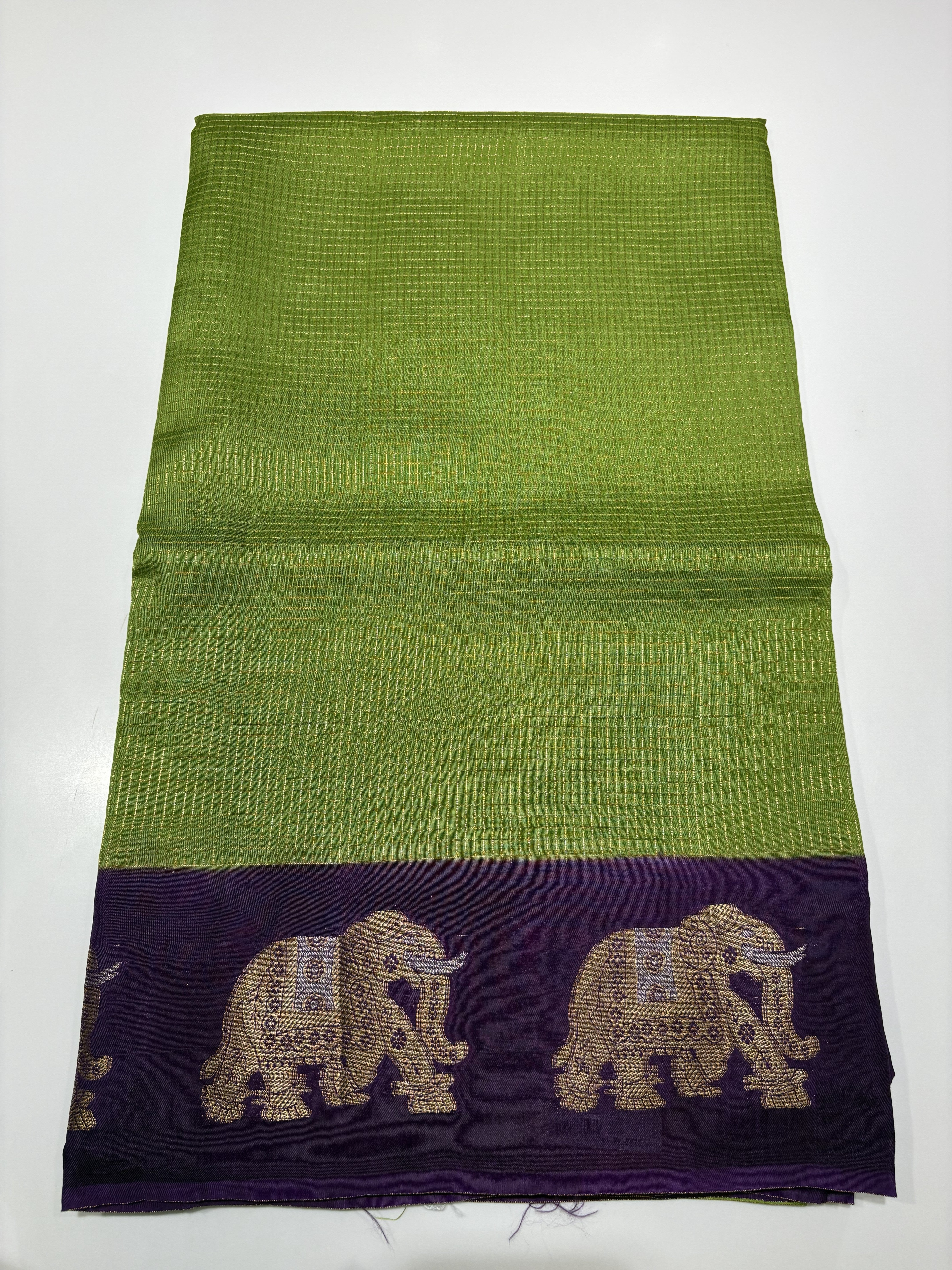 Beautiful Parrot Green Fancy Saree With Purple Contrast And Elephant Motifs on its Border