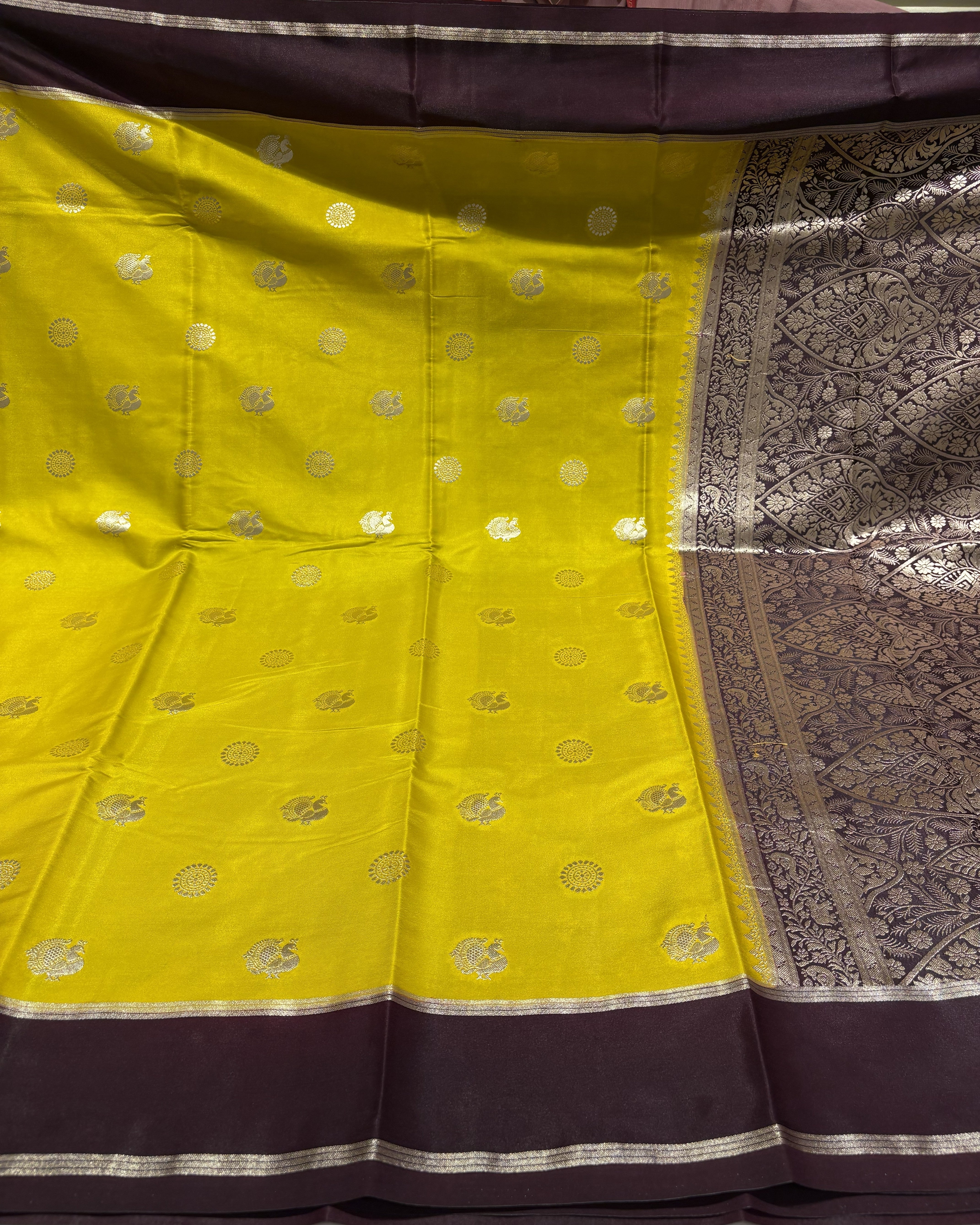 Elegant Lemon Yellow Raw Silk Saree With Brown Contrast