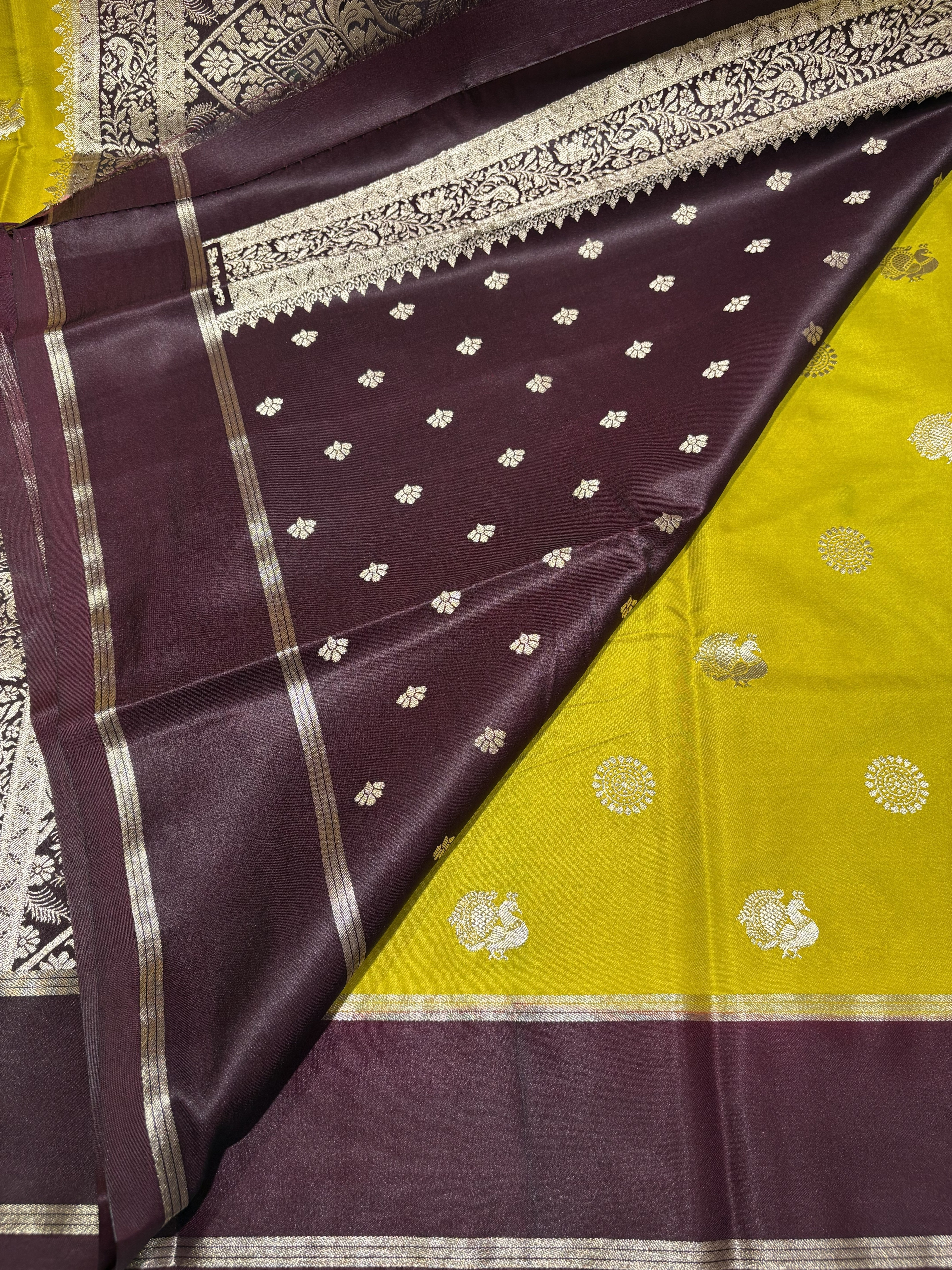 Elegant Lemon Yellow Raw Silk Saree With Brown Contrast