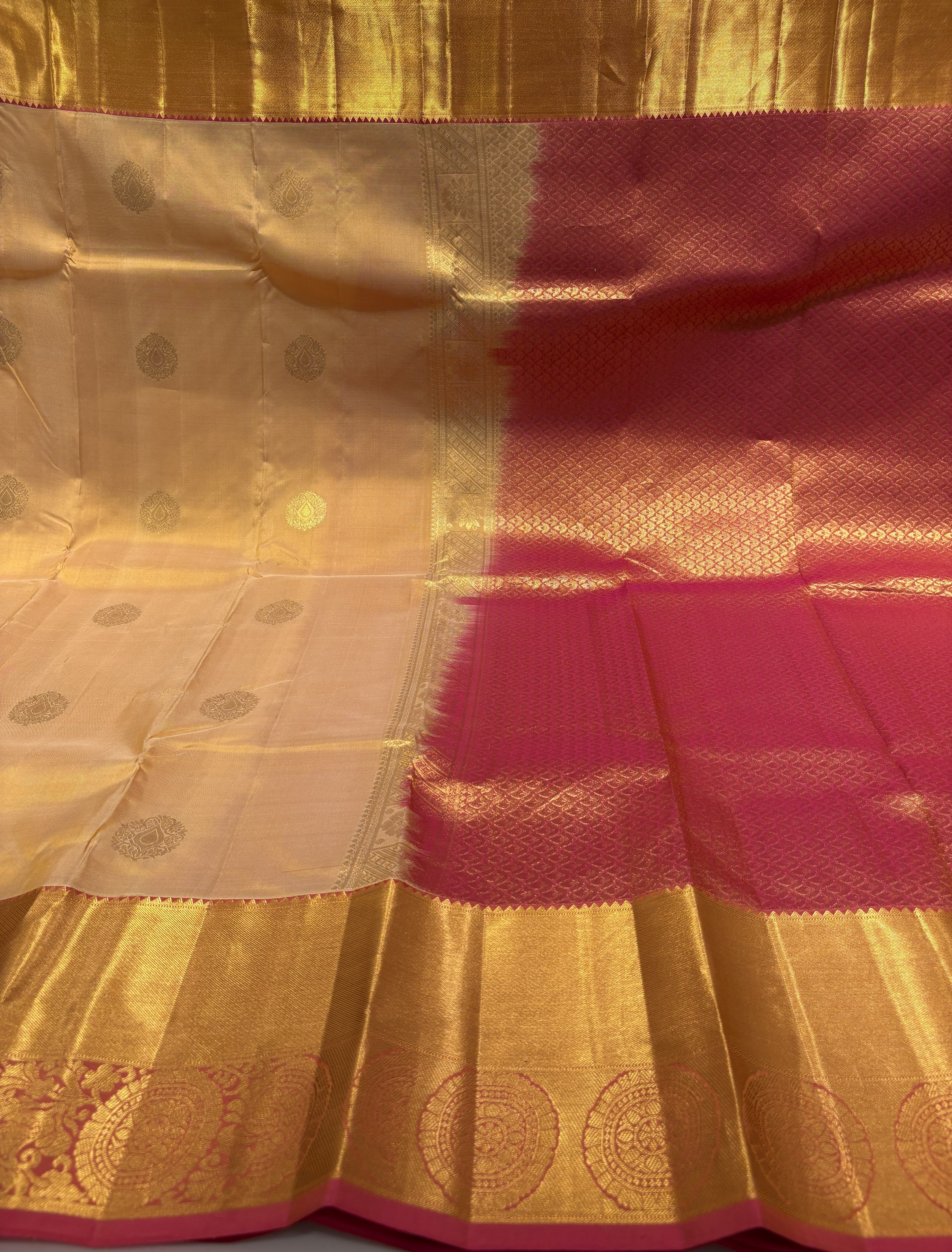 Ivory Cream Pure Kanchipuiram Silk Saree with Regal Magenta Pink Contrast