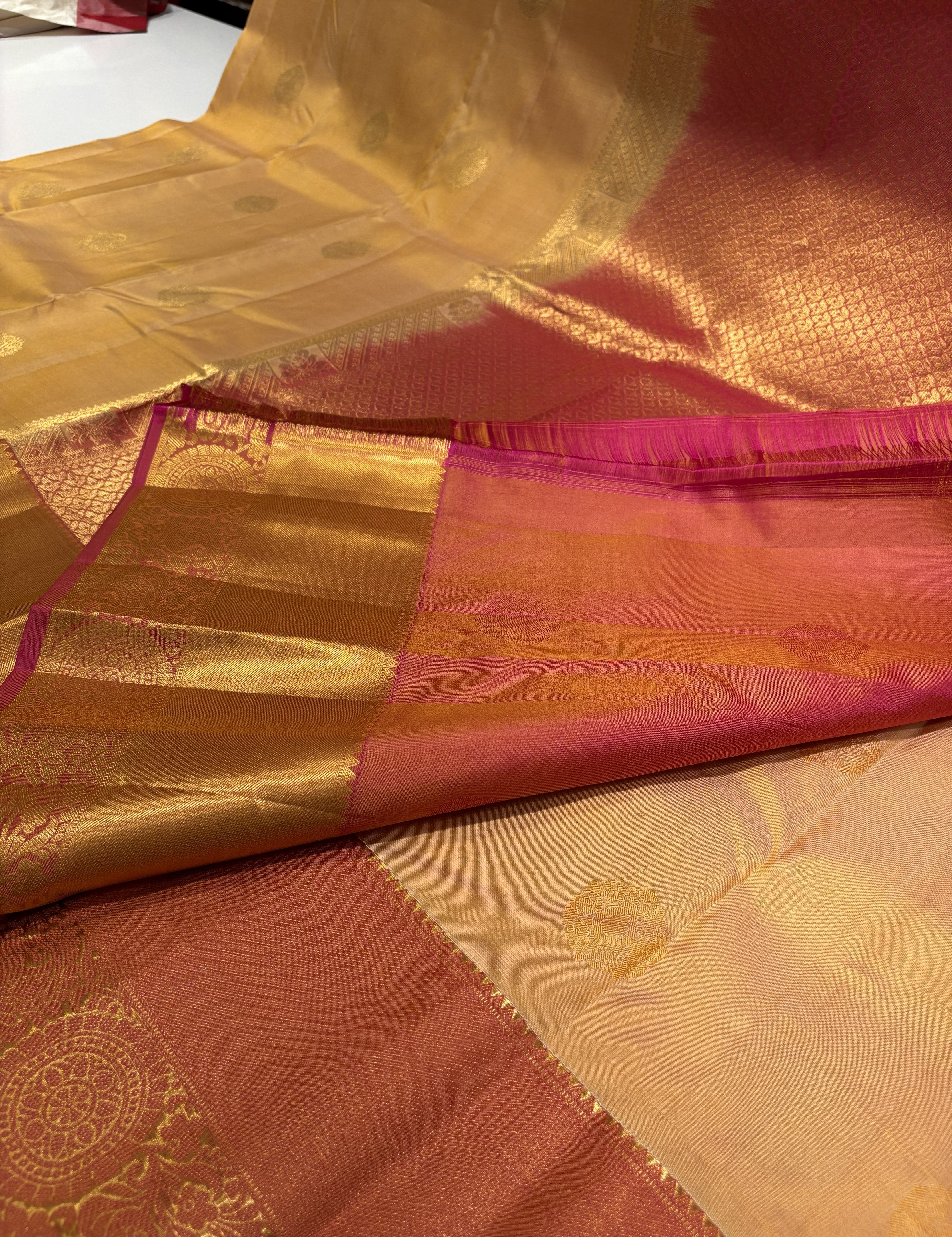 Ivory Cream Pure Kanchipuiram Silk Saree with Regal Magenta Pink Contrast