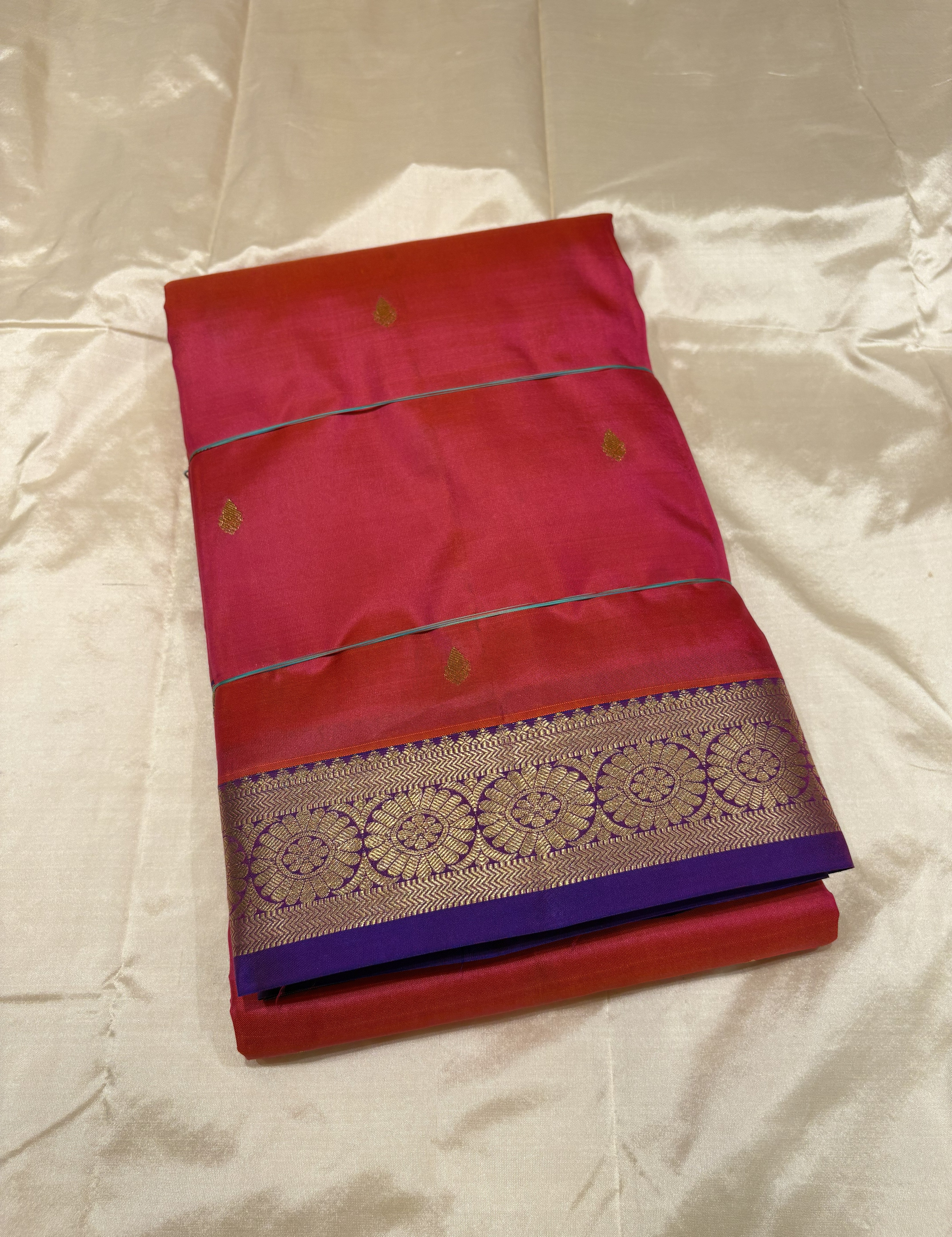 Vibrant Coral Pink Kanchipuram Silk Saree with Royal Violet Contrast