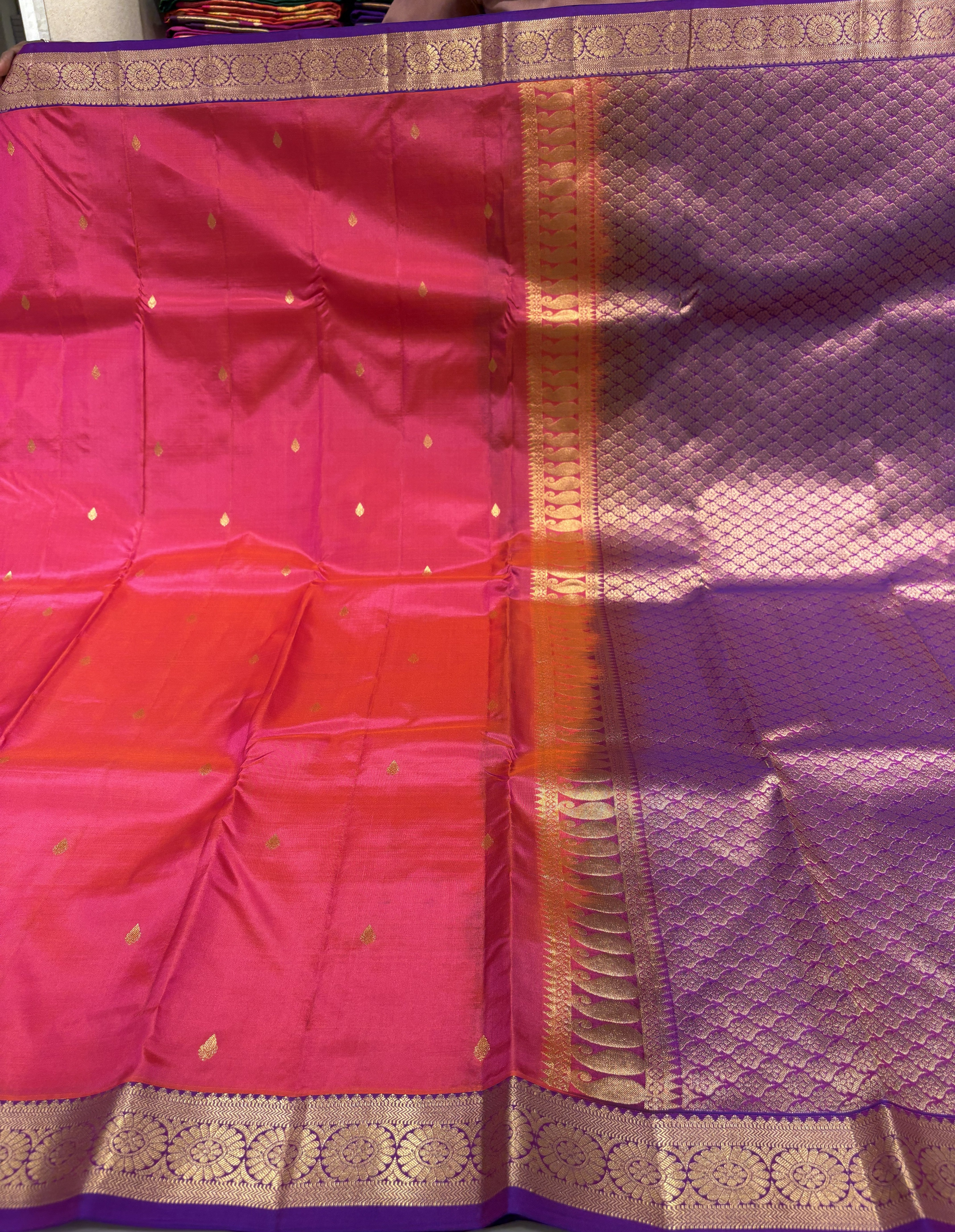 Vibrant Coral Pink Kanchipuram Silk Saree with Royal Violet Contrast