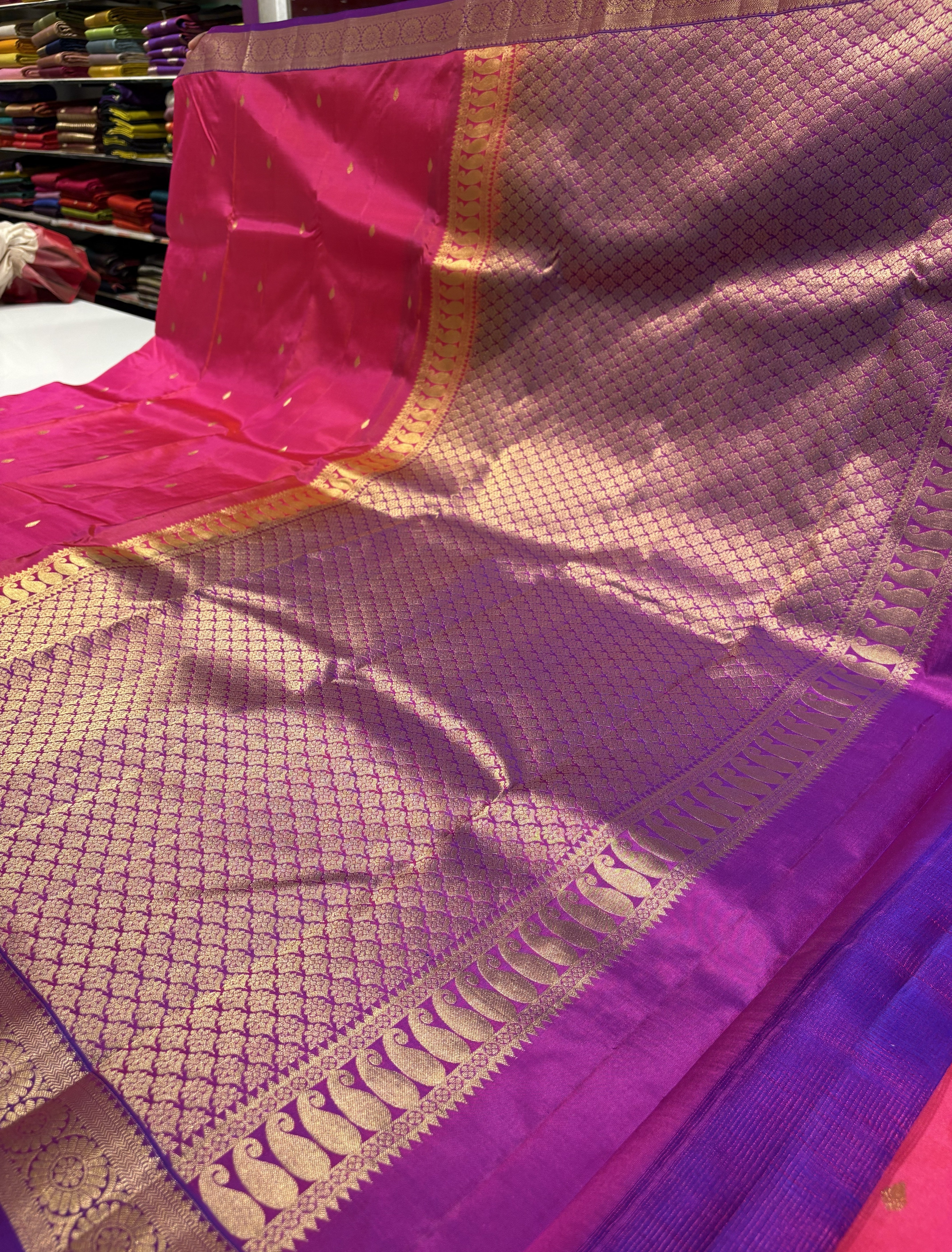 Vibrant Coral Pink Kanchipuram Silk Saree with Royal Violet Contrast